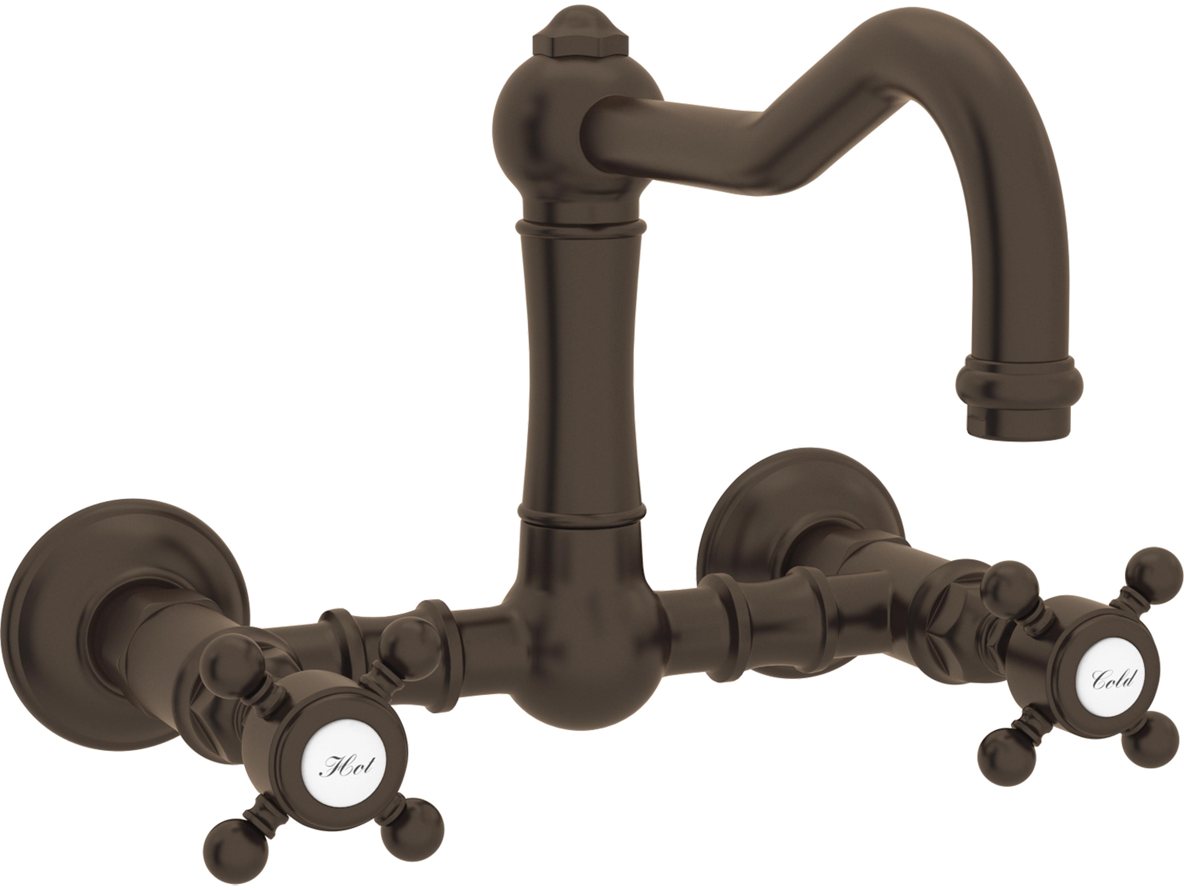 Rohl Acqui Italian Kitchen Wall Mounted Bridge Faucet In Tuscan Brass With Cross Handle And Column Spout