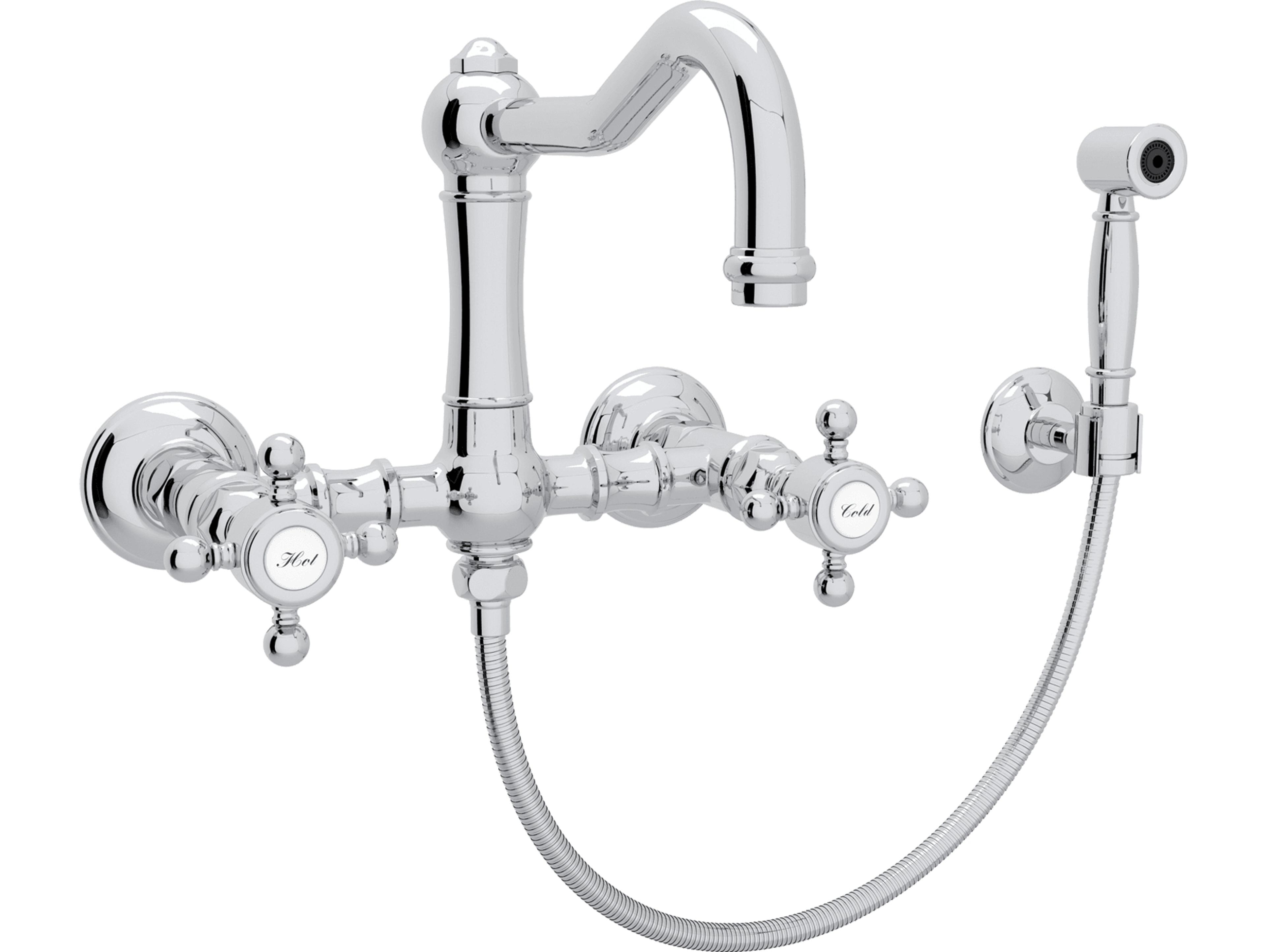 Rohl Acqui Italian Kitchen Wall Mounted Bridge Faucet With Sidespray Cross Handles And Swiveling Column Spout In Polished Chrome