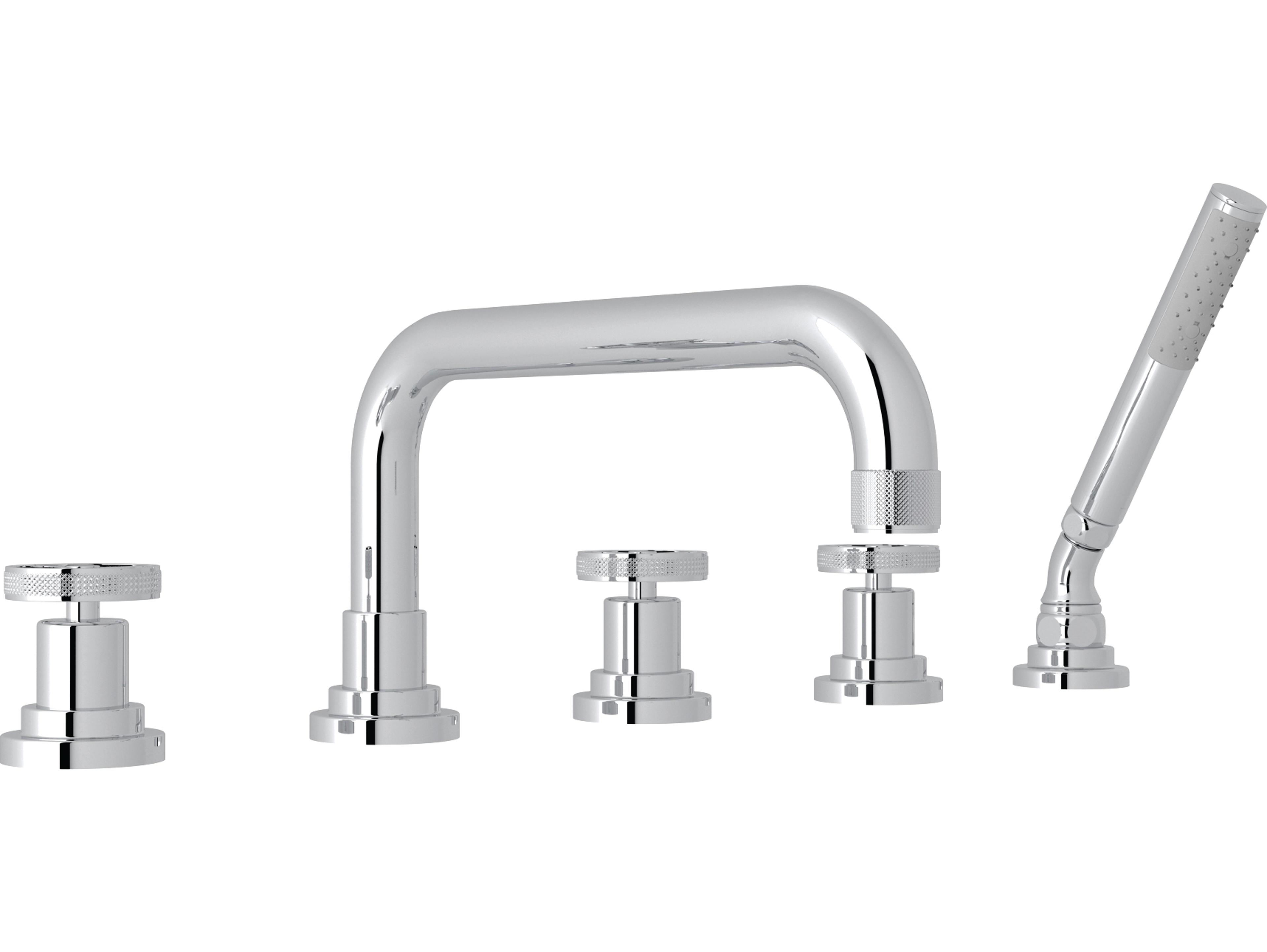 Rohl Campo Bath Five Hole Deck Mounted Tub Filler U Spout Diverter Single Function Brass Handshower And 1/2 Npt Connectors