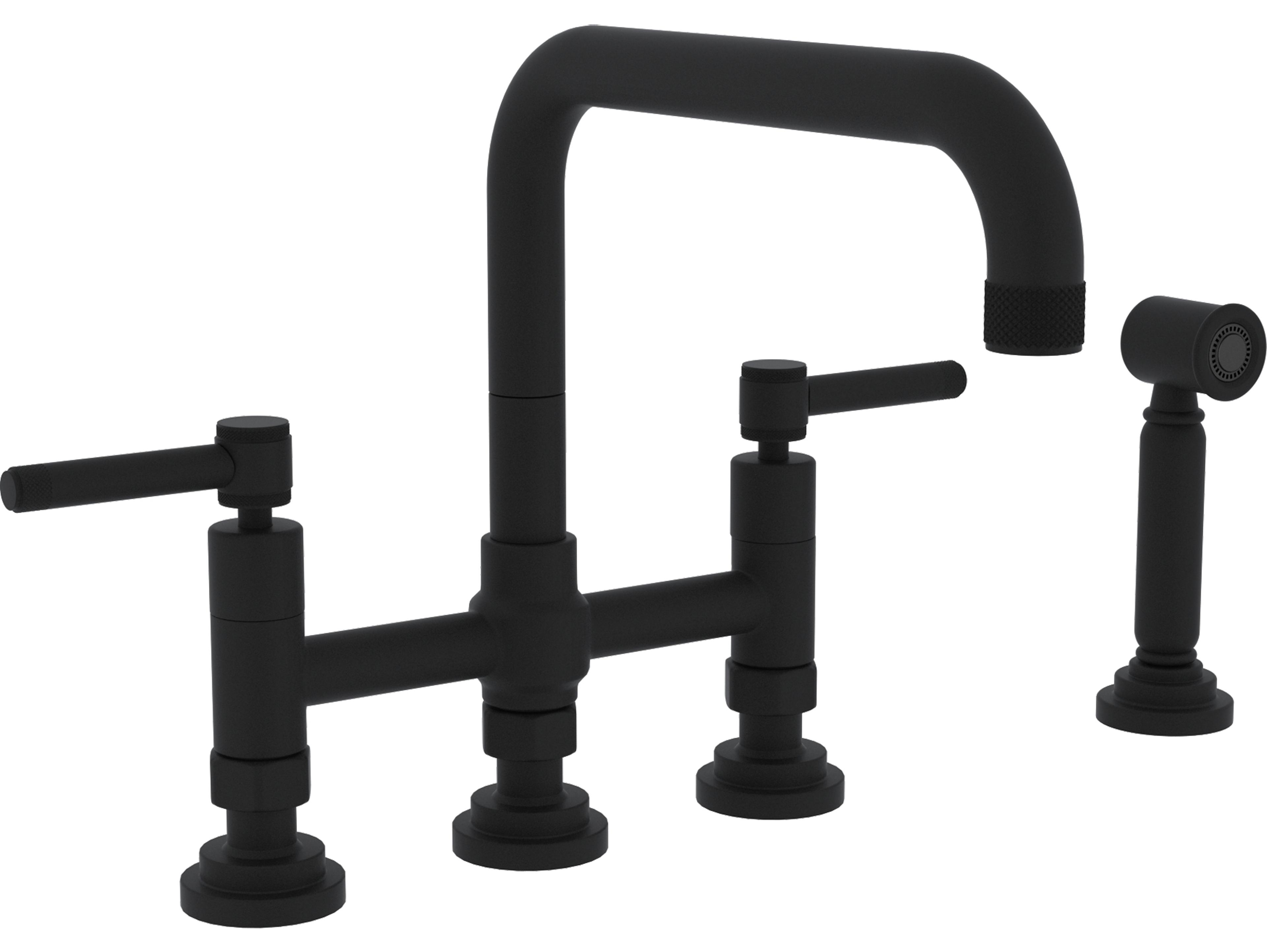 Rohl Campo Kitchen Deck Mounted Three Leg Bridge Faucet With Industrial Metal Levers Sidespray