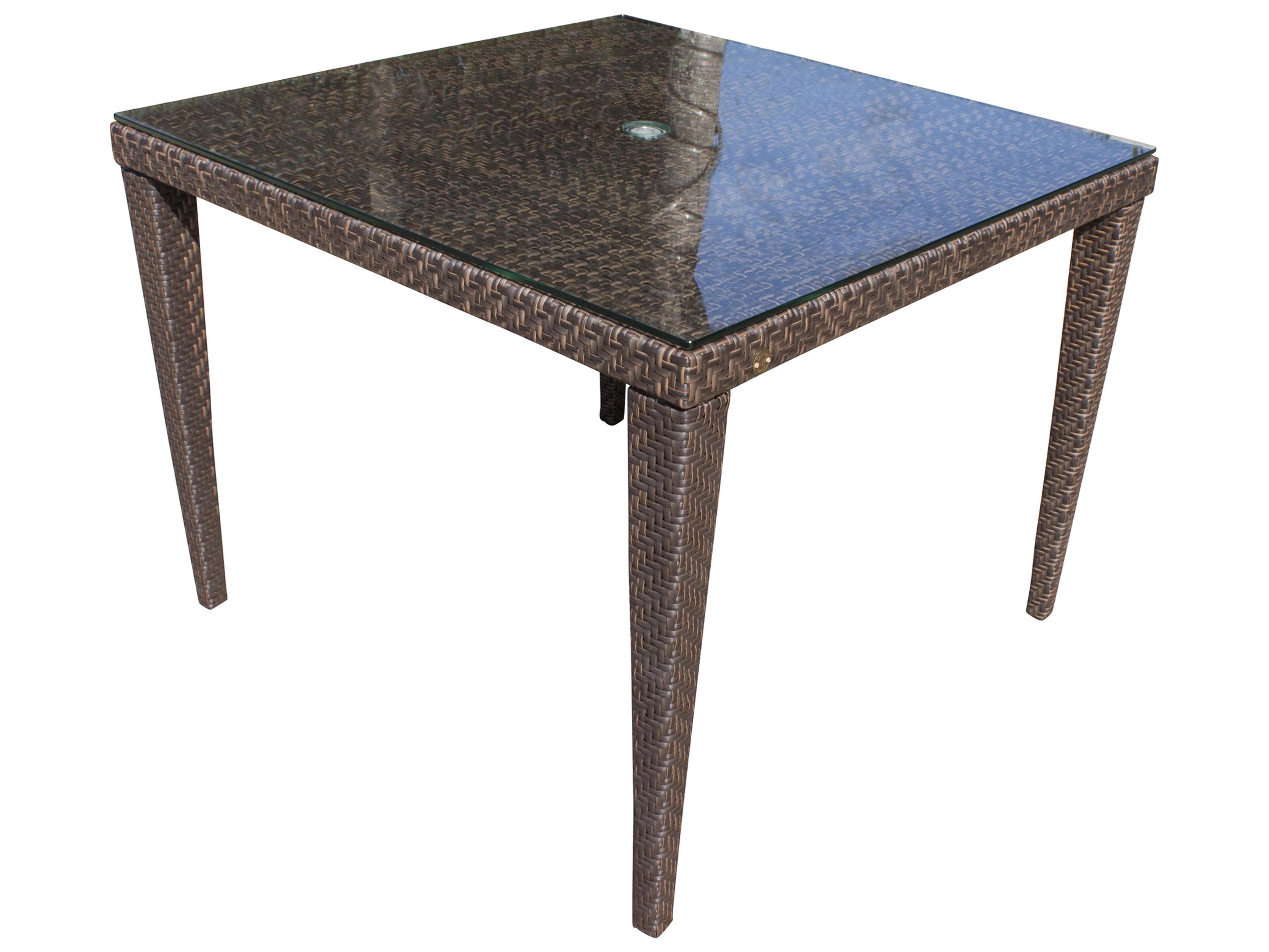 Hospitality Rattan Outdoor Soho Java Brown Wicker Square Glass Top Dining Table with Umbrella Hole