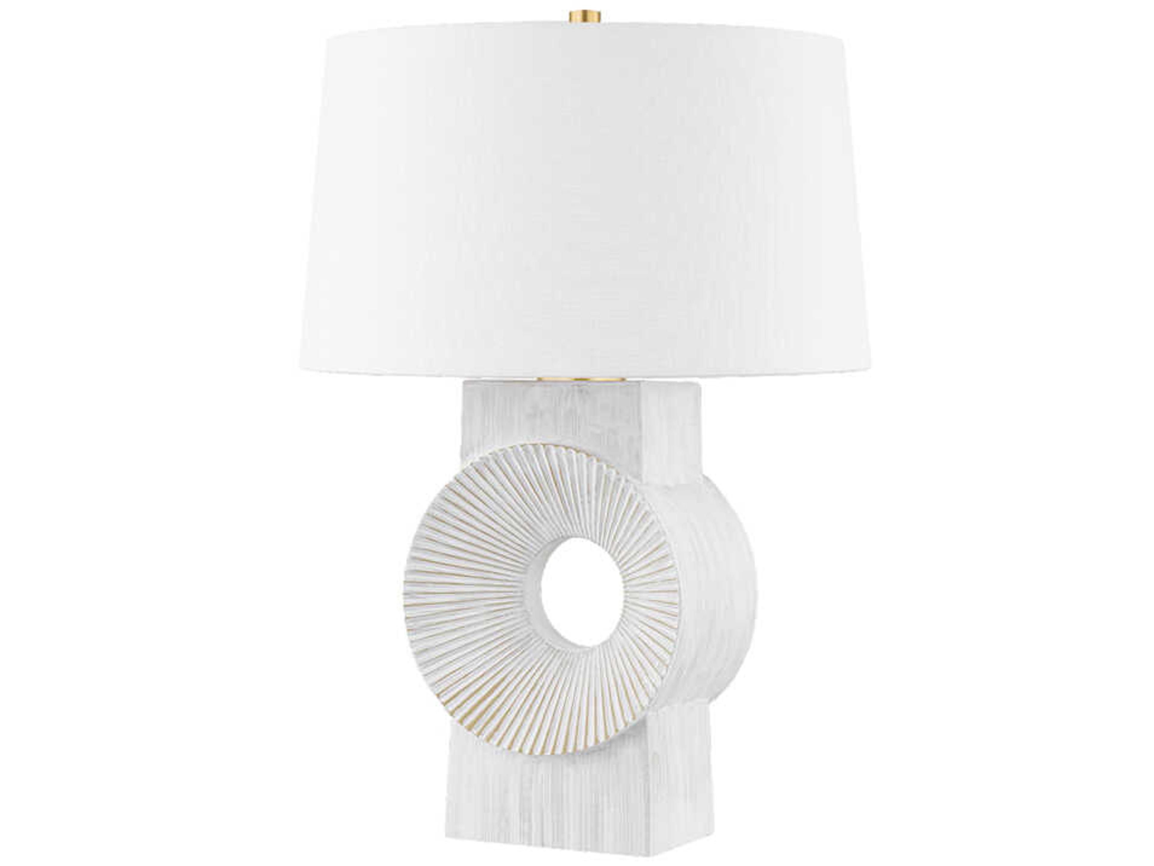 Hudson Valley Milner Aged Brass Whitewash Ceramic White Linen Buffet Lamp