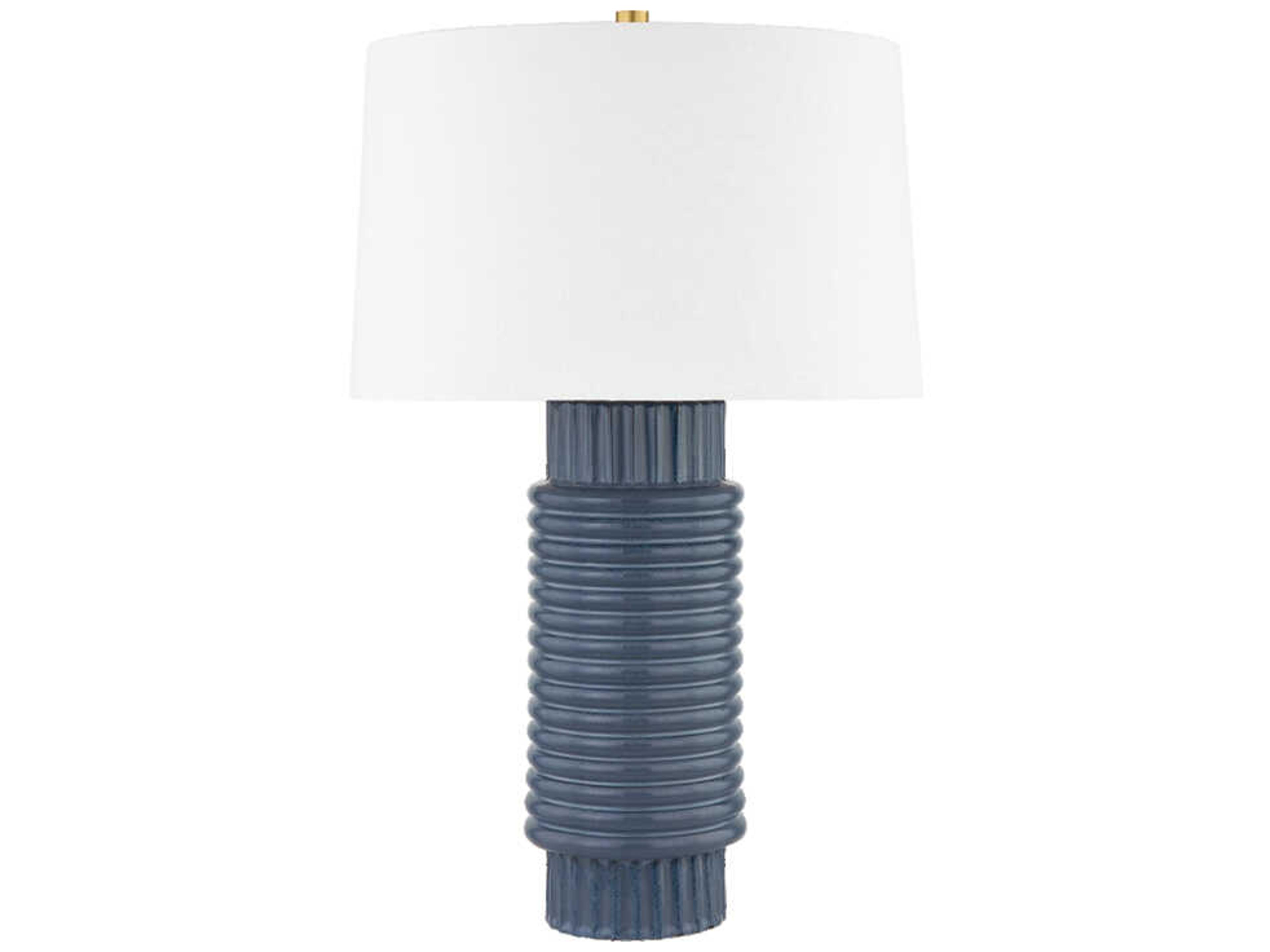 Hudson Valley Broderick Aged Brass Grey Blue Reactive Ceramic White Linen Buffet Lamp