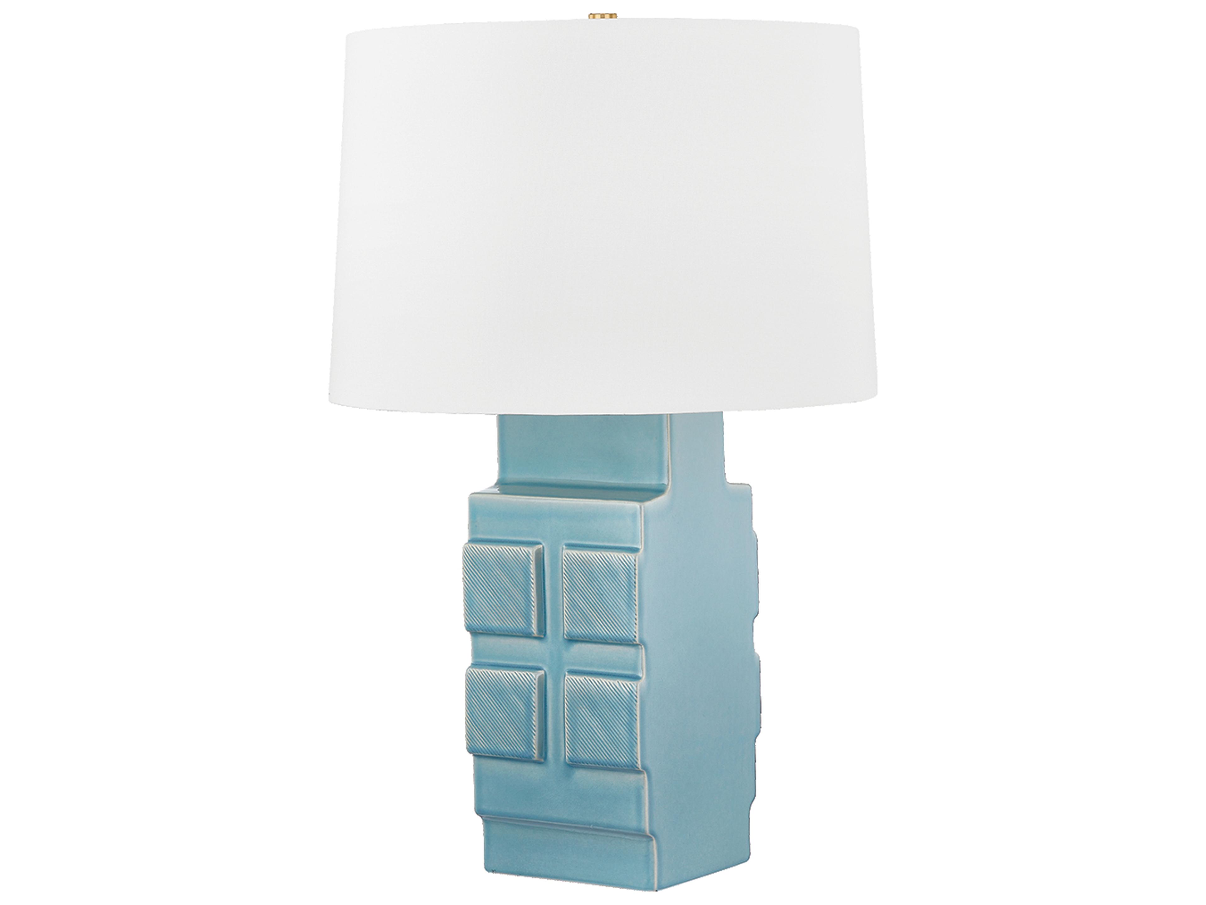 Hudson Valley Sarai Aged Brass Ceramic Moonstone Granite White Linen Blue Buffet Lamp