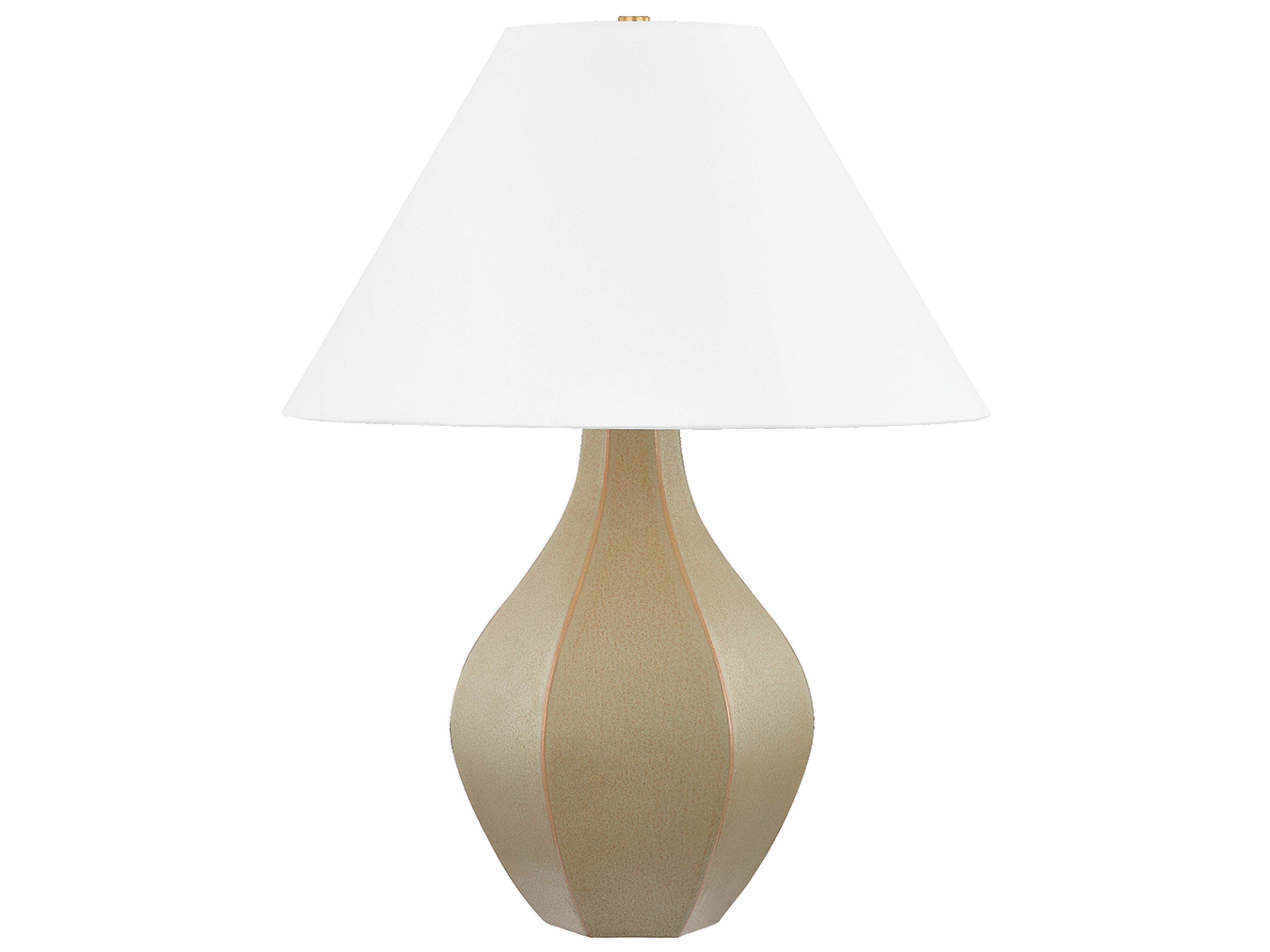 Hudson Valley Abescon Aged Brass Ceramic Cocoon White Linen Brown Buffet Lamp