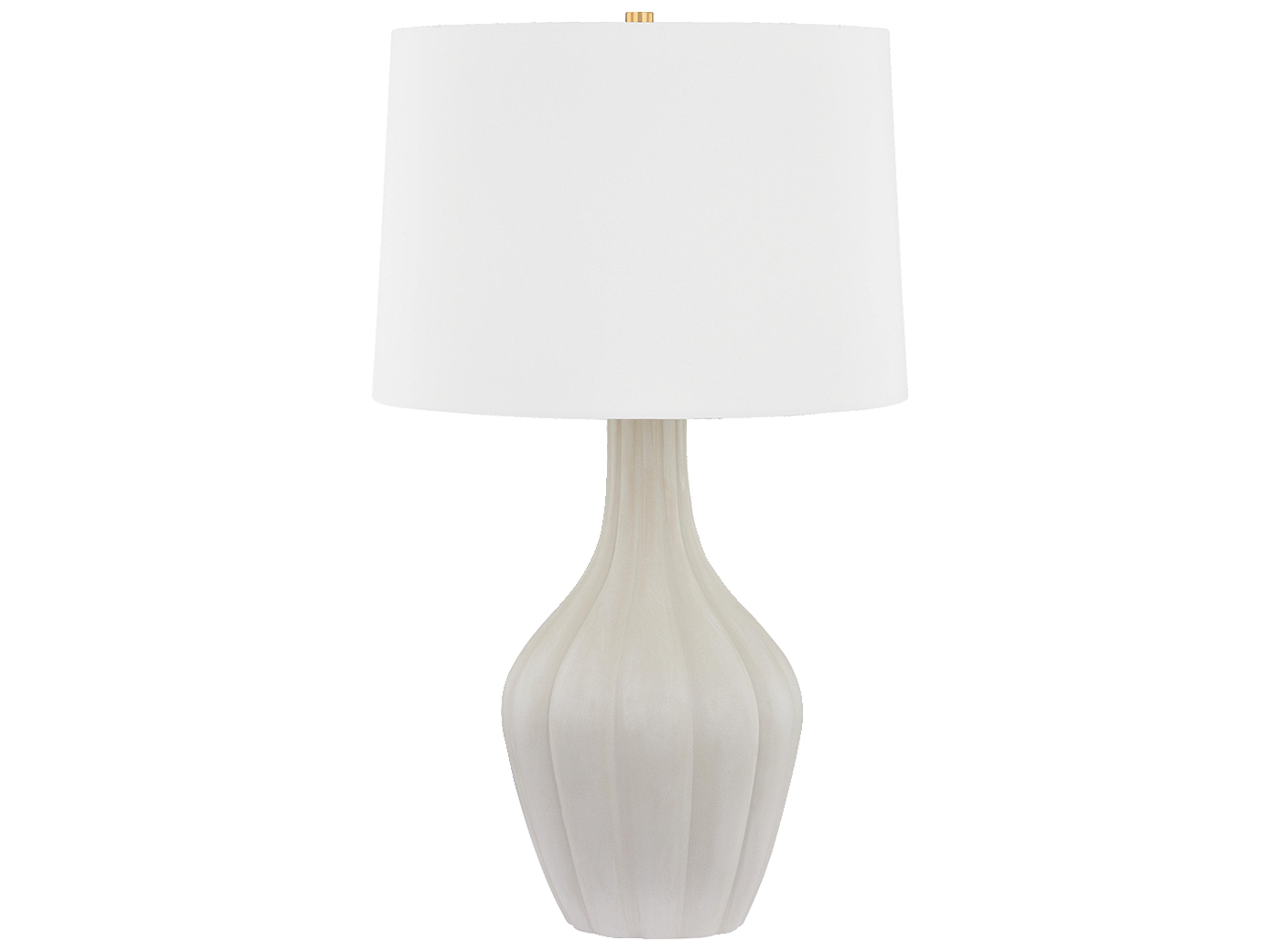 Hudson Valley Glendora Aged Brass Ceramic Misty Morning White Linen Gray Buffet Lamp