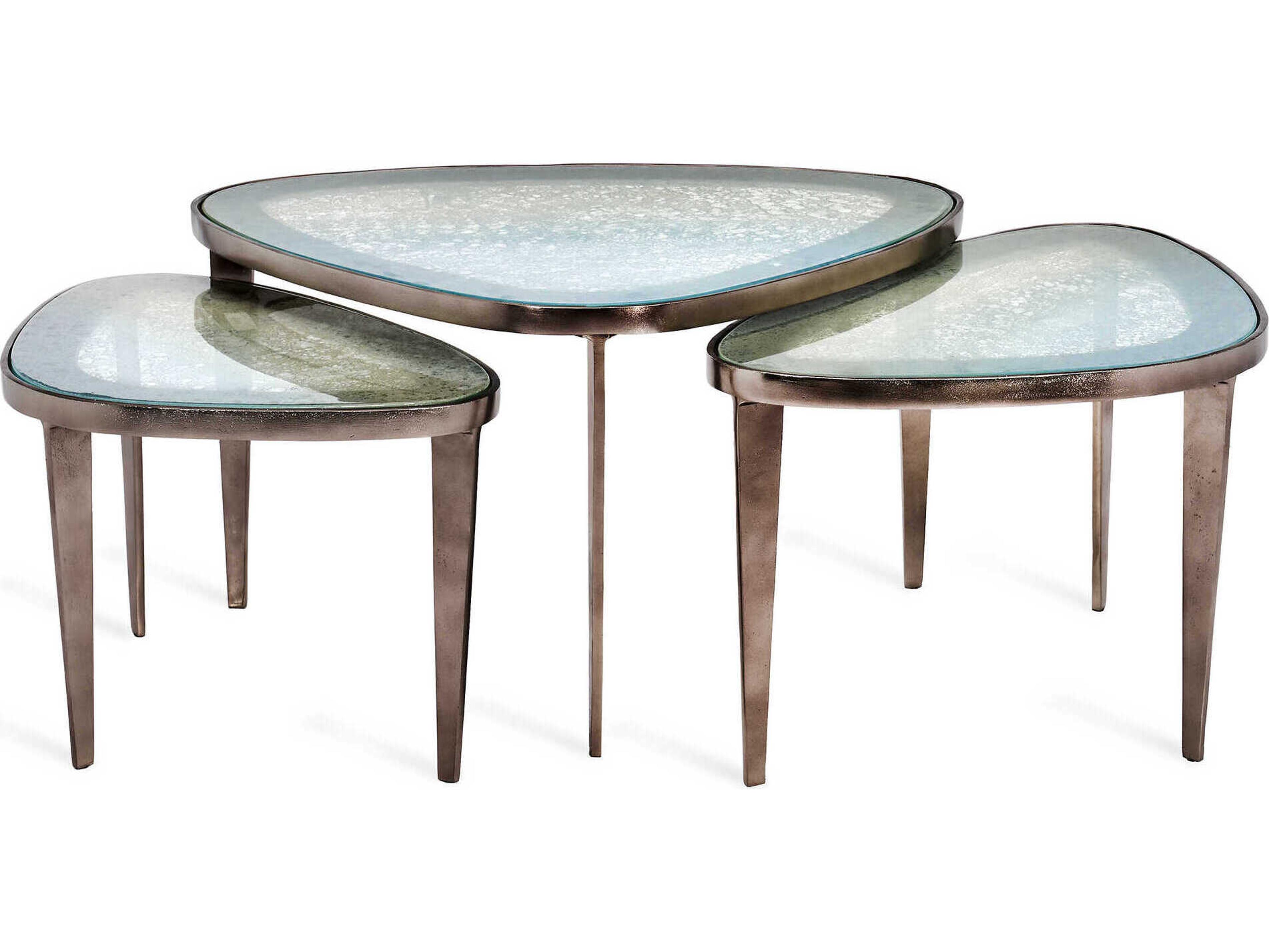 Interlude Home Jan Bunching Antique Nickel Blue Grey Reactive Glass Coffee Tables