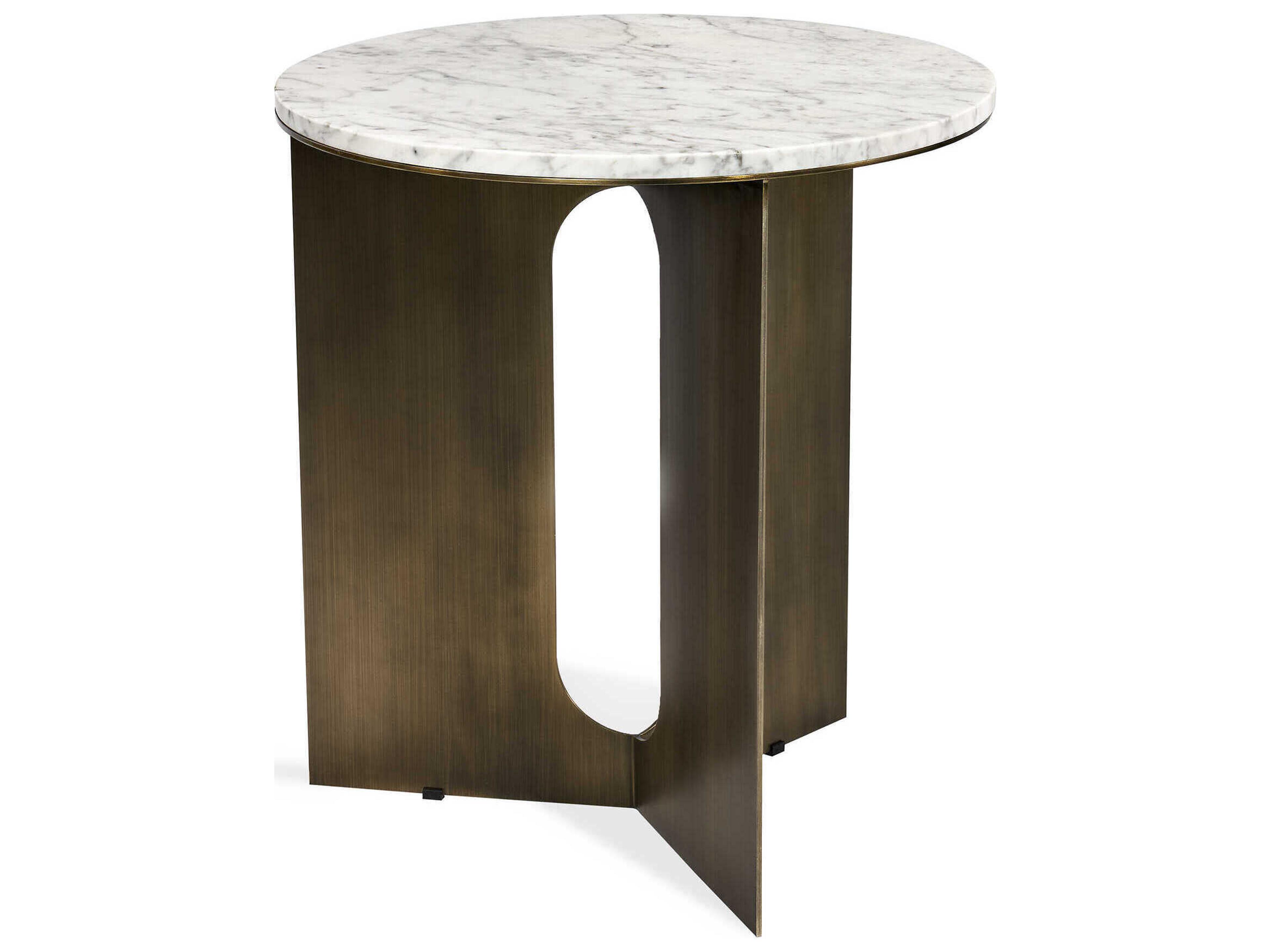Interlude Home Pierre Round Marble Antique Bronze Carrara White End Table