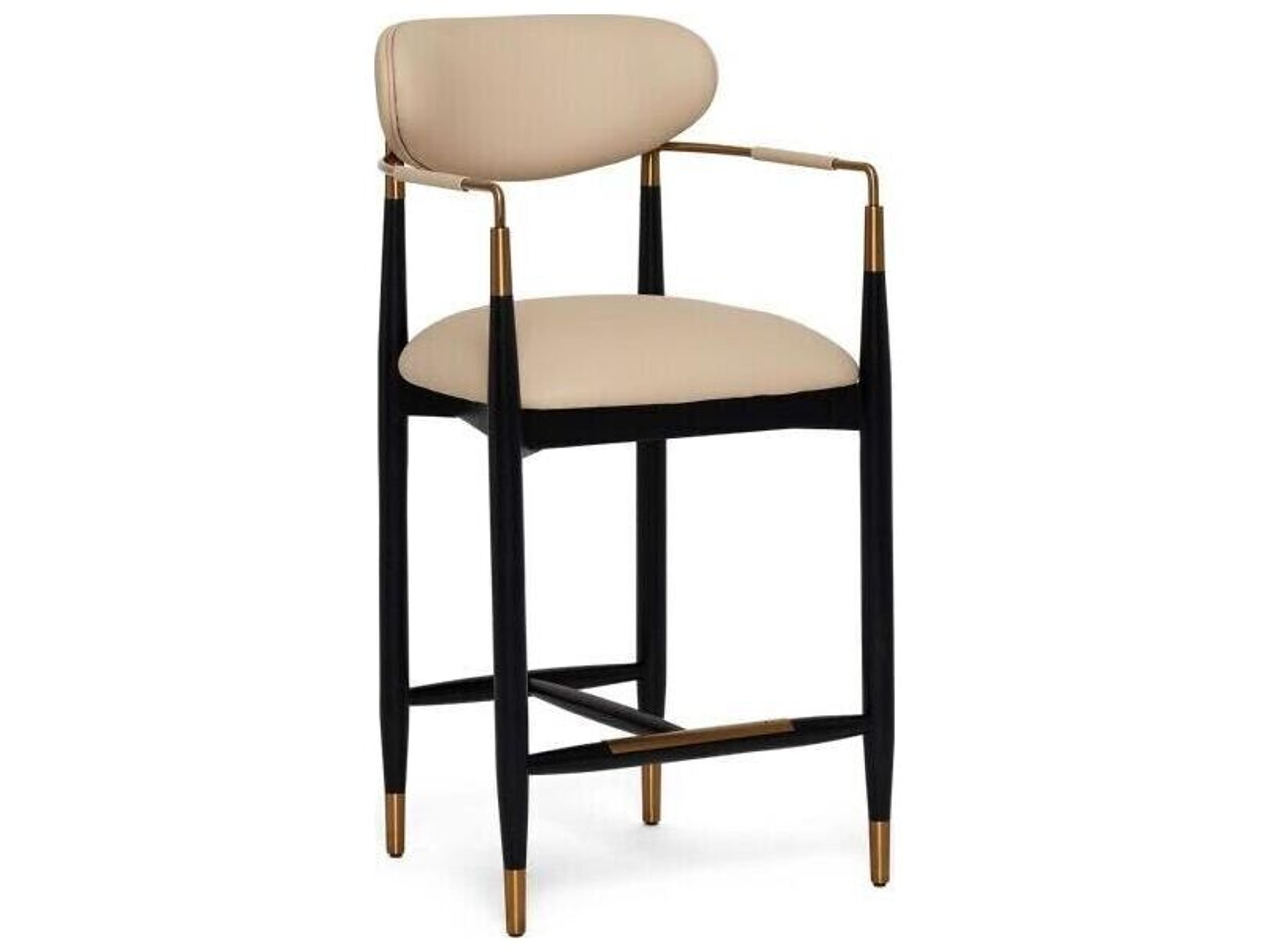 Interlude Home Cidra Matte Black Satin Brass Cream Latte Faux Leather Ash Wood Counter Stool