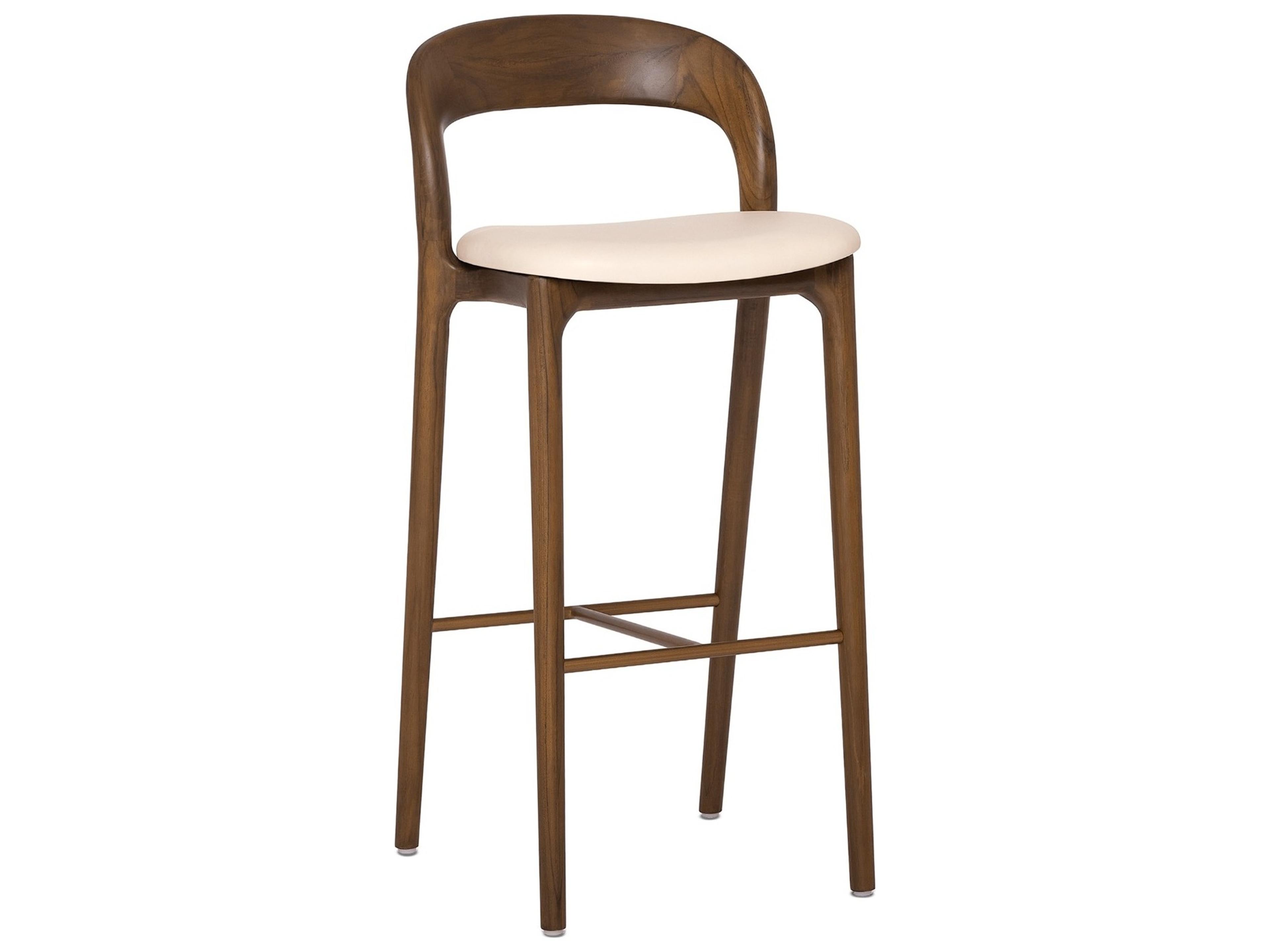 Interlude Home Felix Classic Walnut Grove Brass Leather Teak Wood Bar Stool