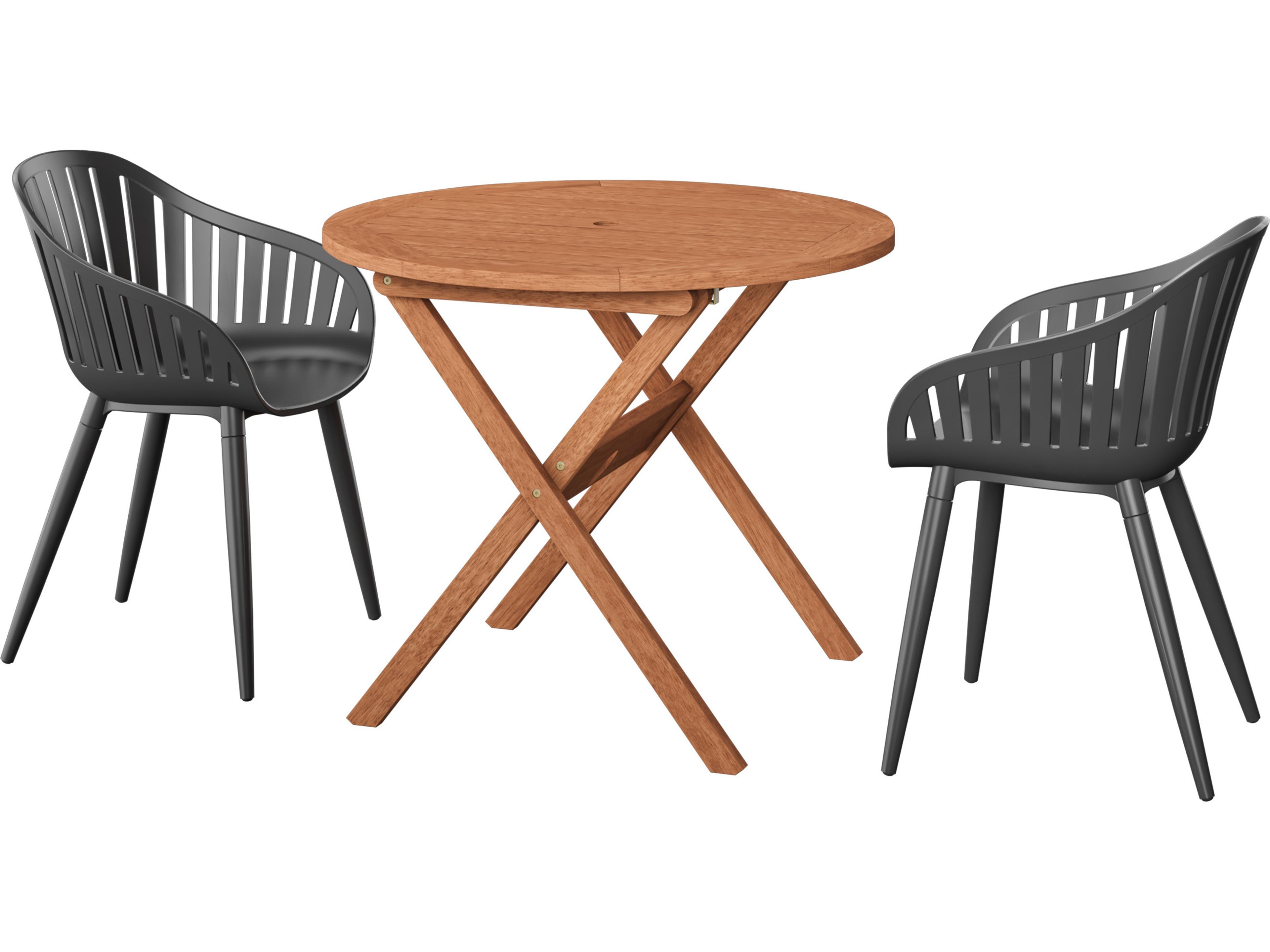 International Home Miami Amazonia Ricard Eucalyptus 3 Piece Outdoor Round Dining Set with Black Aluminum Chairs