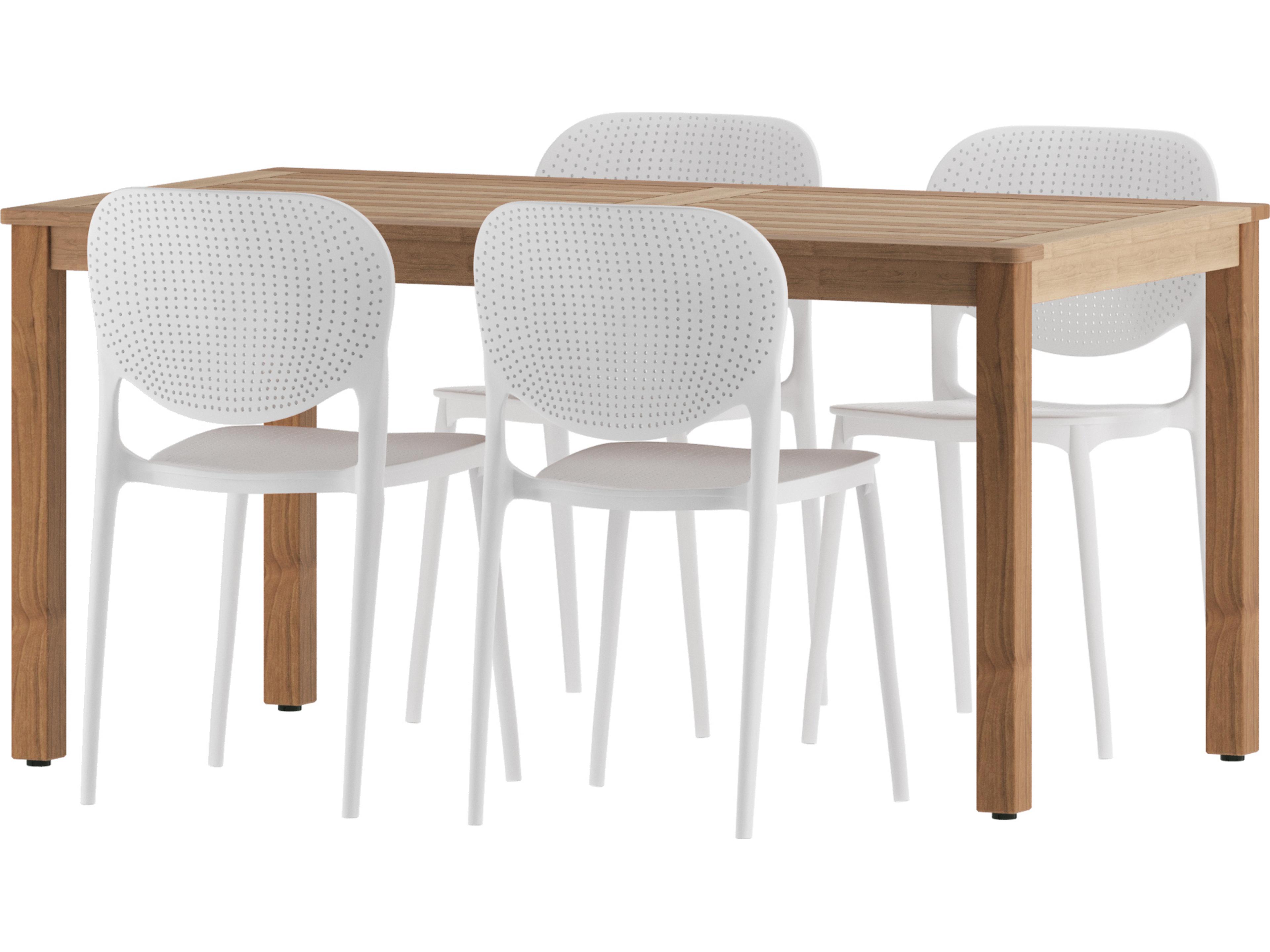 International Home Miami Amazonia Mika Eucalyptus 5 Piece Outdoor Rectangular Dining Set with White Plastic Chairs