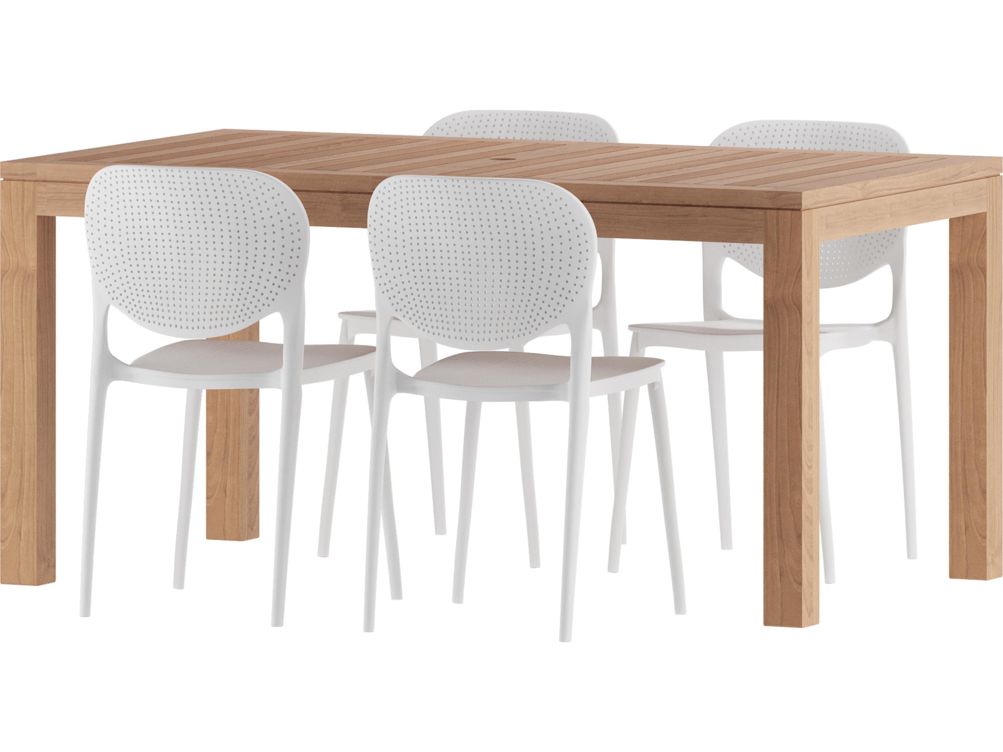 International Home Miami Amazonia Americas Teak 5 Piece Outdoor Rectangular dining set with White Plastic Armchairs