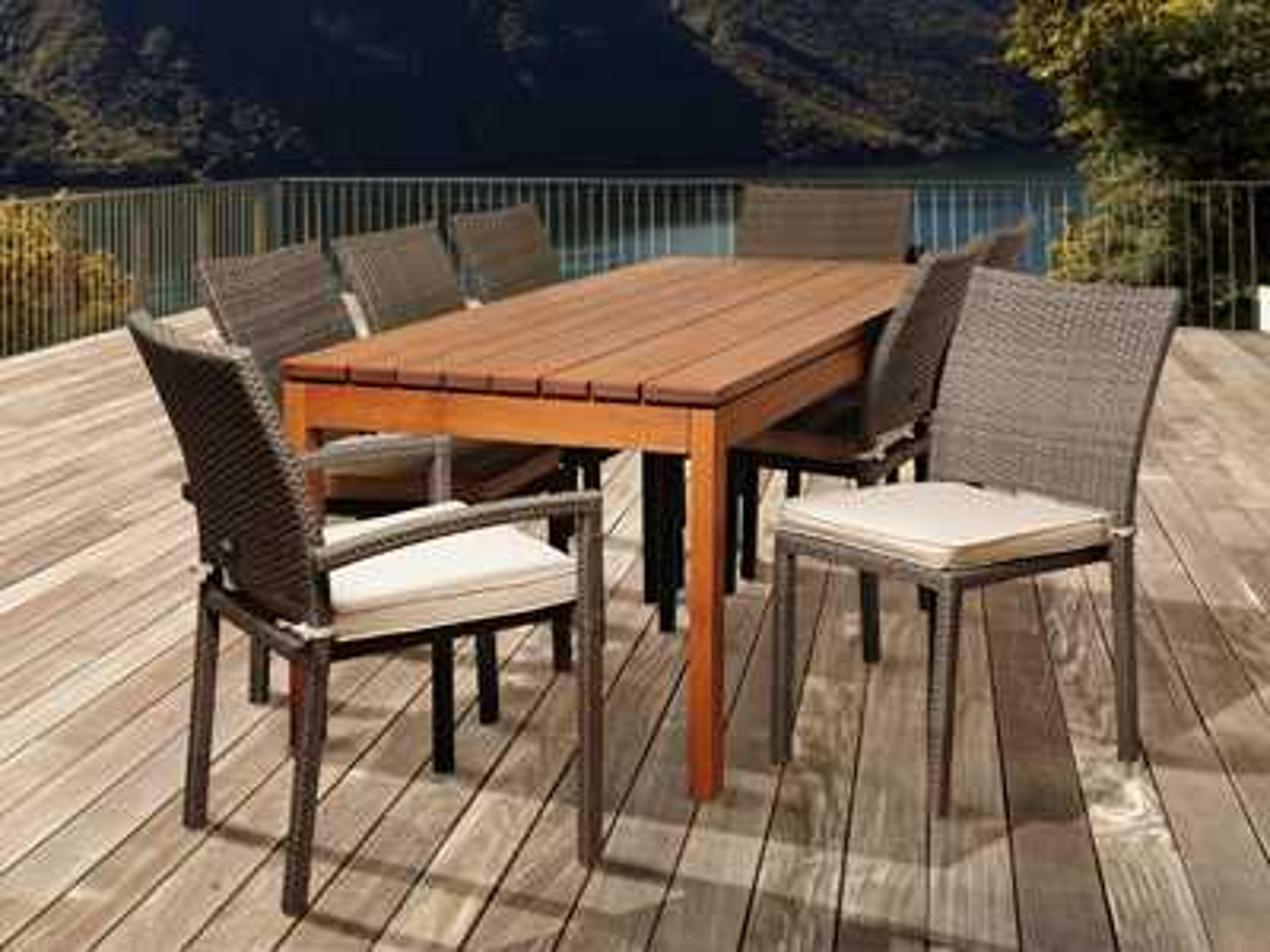 International Home Miami Amazonia Eucalyptus & Wicker Rectangular Nine Piece Marchello Outdoor Patio Dining Set with Off-White Cushions