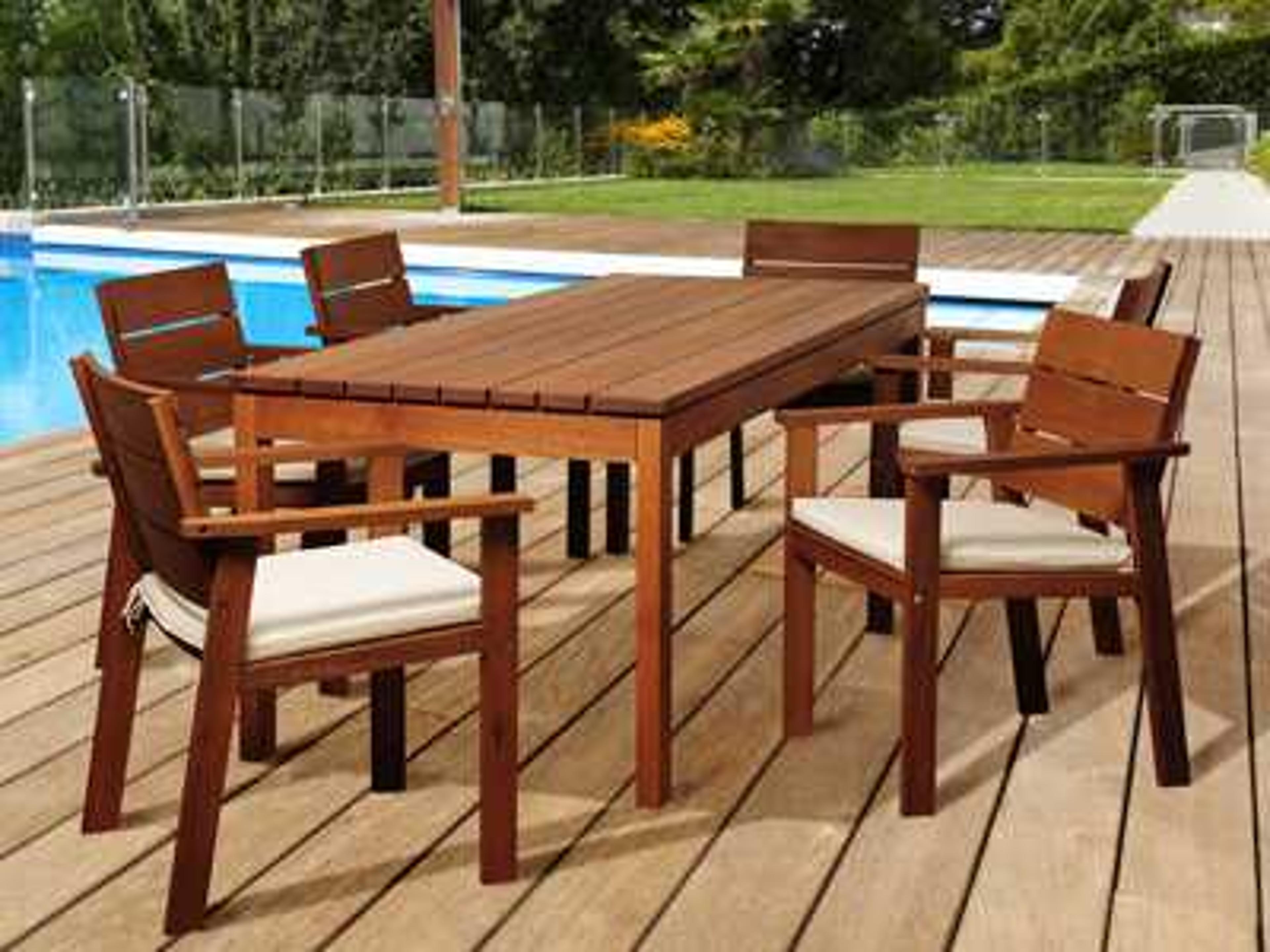 International Home Miami Amazonia Eucalyptus Rectangular Seven Piece Gerald Outdoor Patio Dining Set with Off-White & Beige Striped Cushions