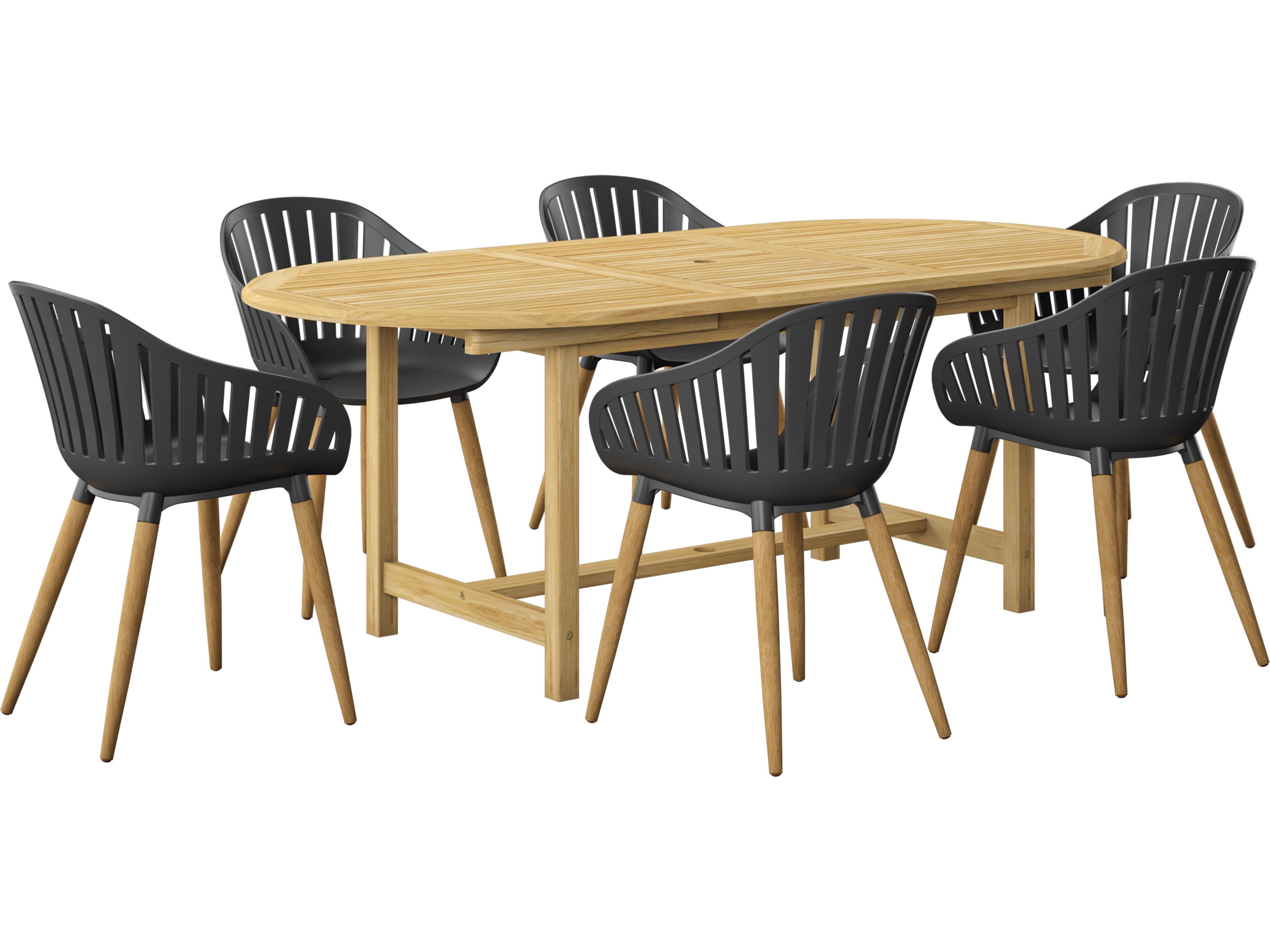 International Home Miami Amazonia Teak Wood Resin Brown/Black & Brown 7 Piece Oval Outdoor Patio Dining Set