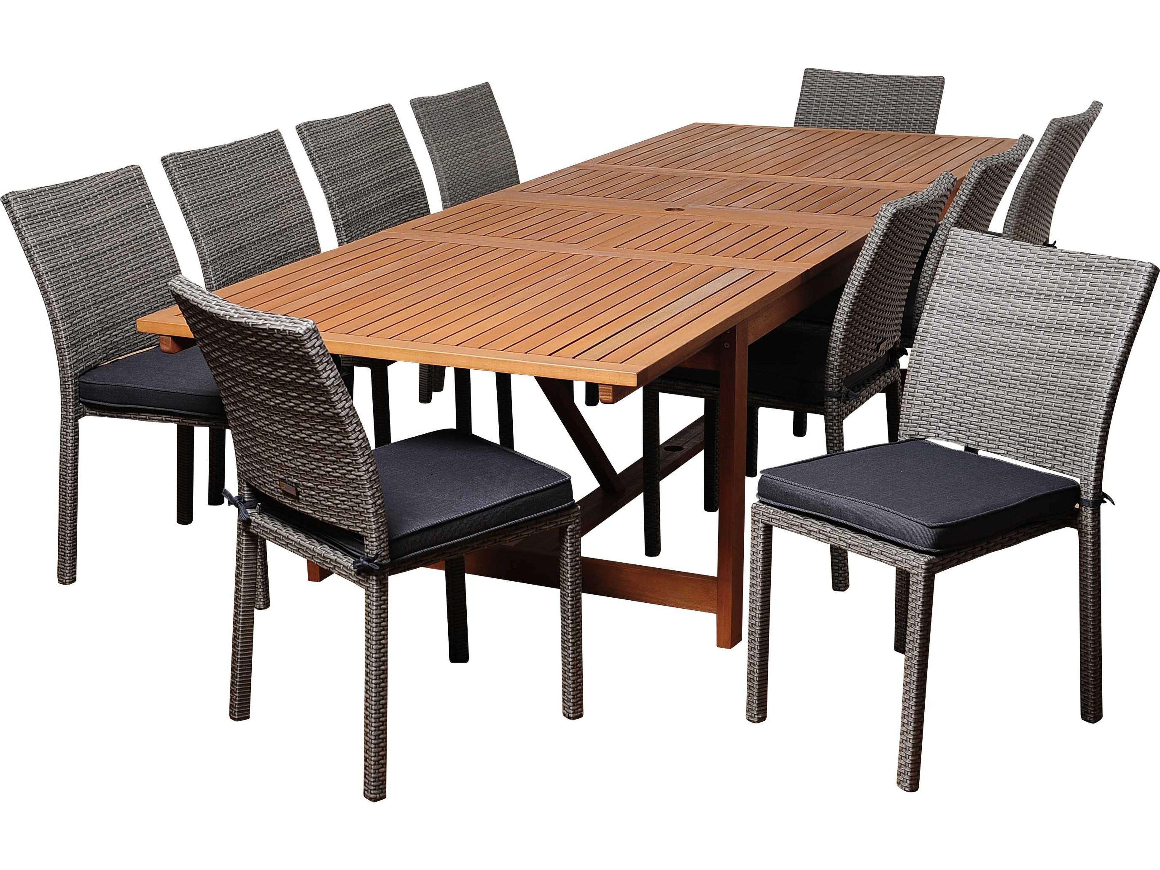 International Home Miami Amazonia Eucalyptus & Wicker Rectangular 11 Piece Extendable Angelo Patio Dining Set with Grey Cushions