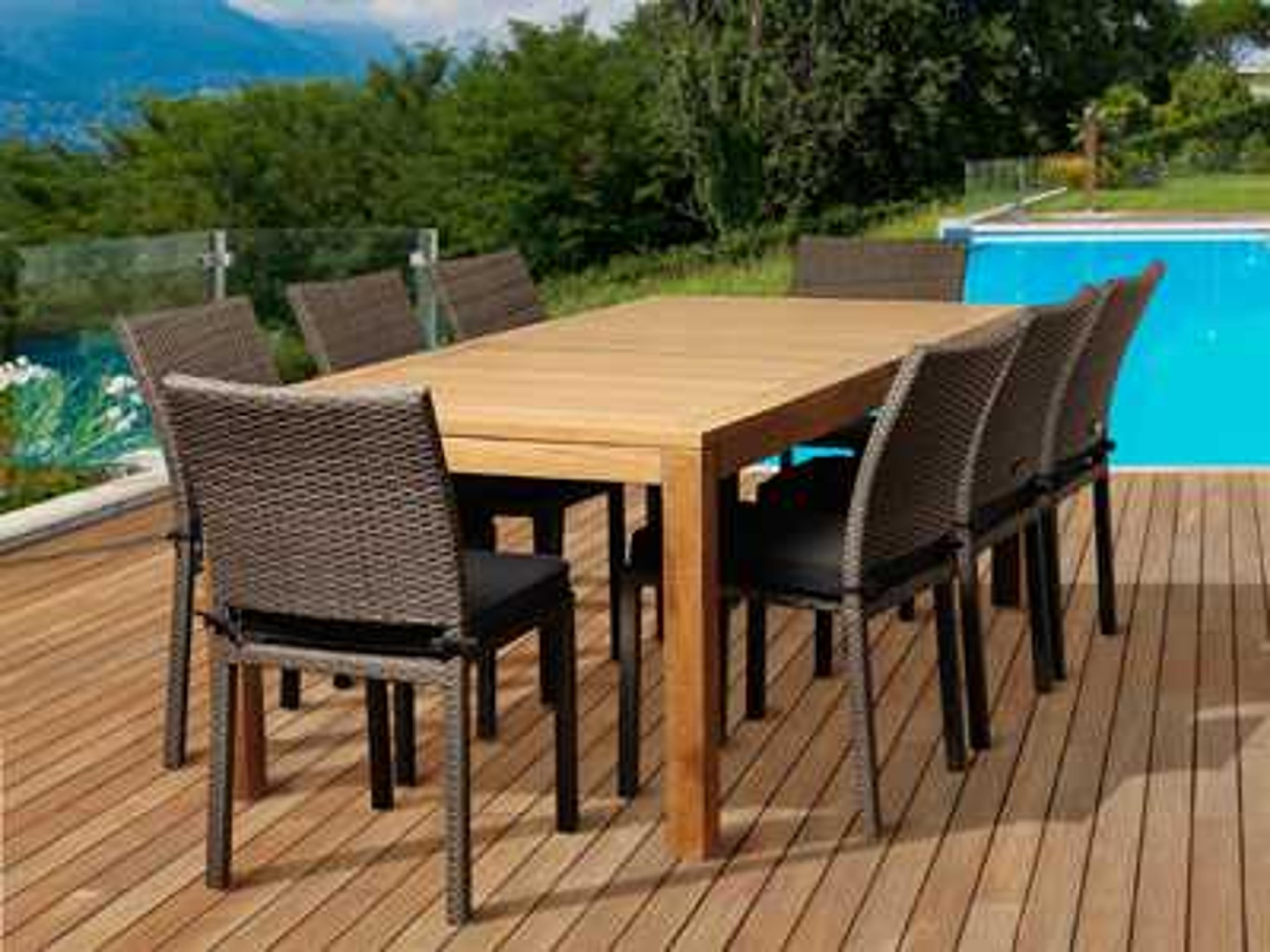 International Home Miami Amazonia Teak/Wicker Rectangular Nine Piece Damian Patio Dining Set with Grey Cushions