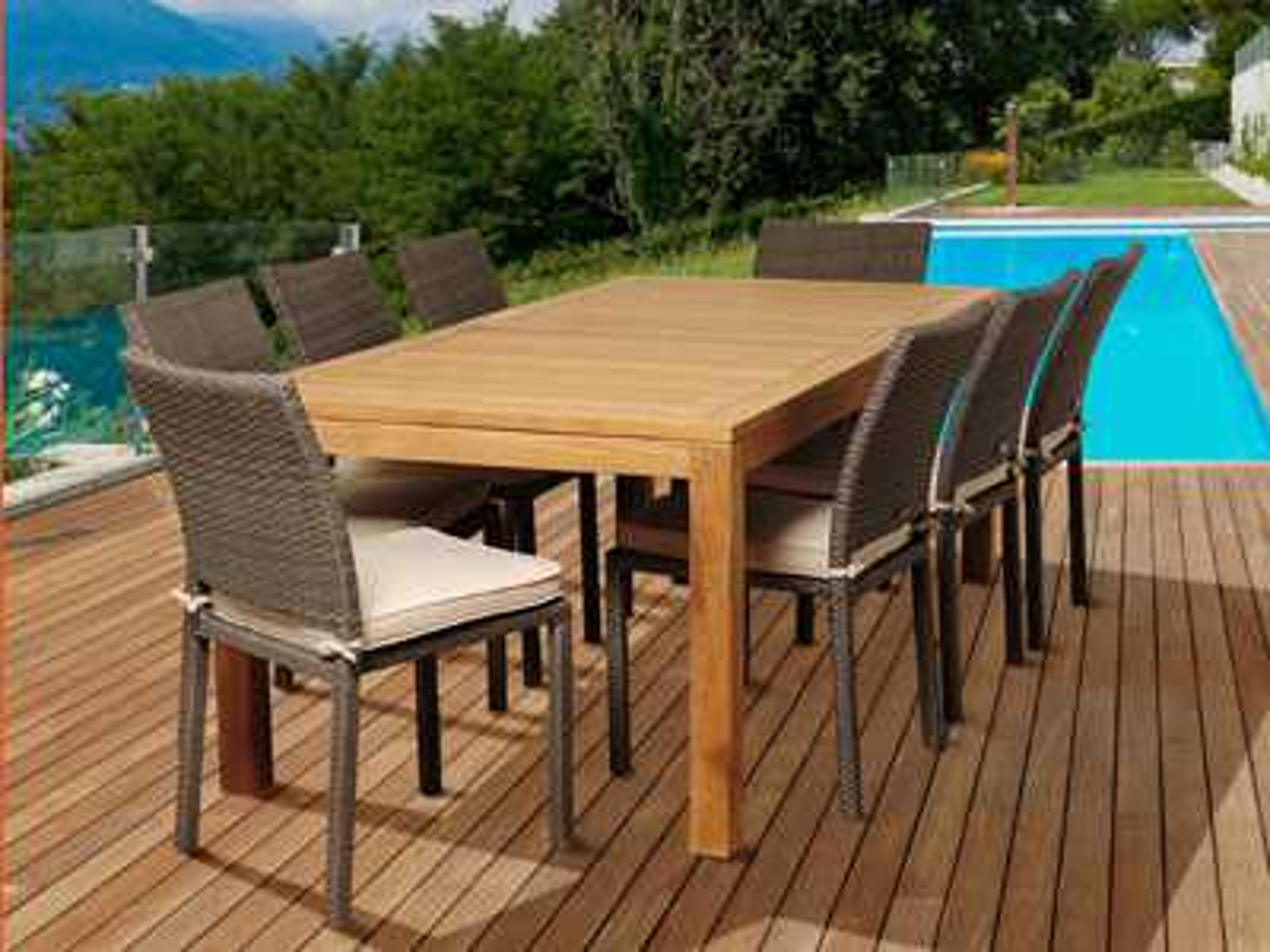 International Home Miami Amazonia Teak/Wicker Rectangular Nine Piece Damian Outdoor Patio Dining Set with Off-White Cushions