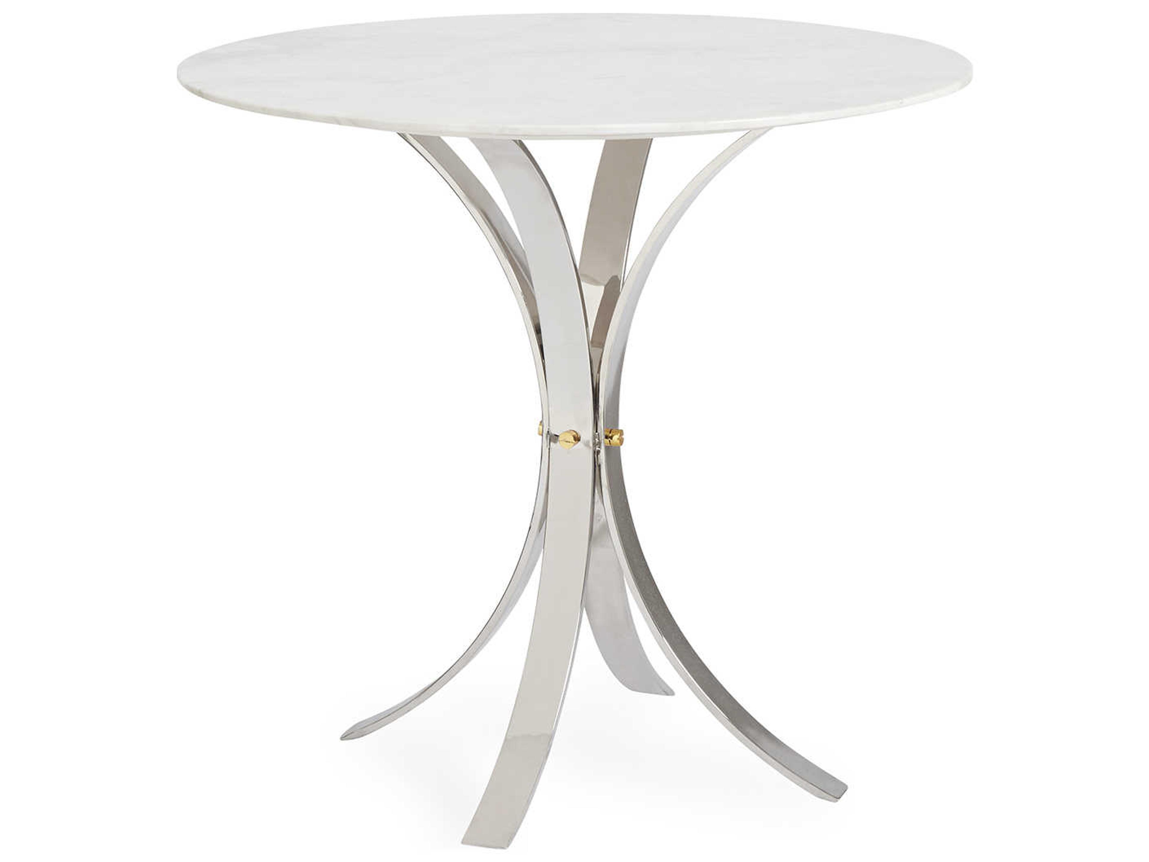 Jonathan Adler Electrum Round White Marble Polished Nickel Dining Table