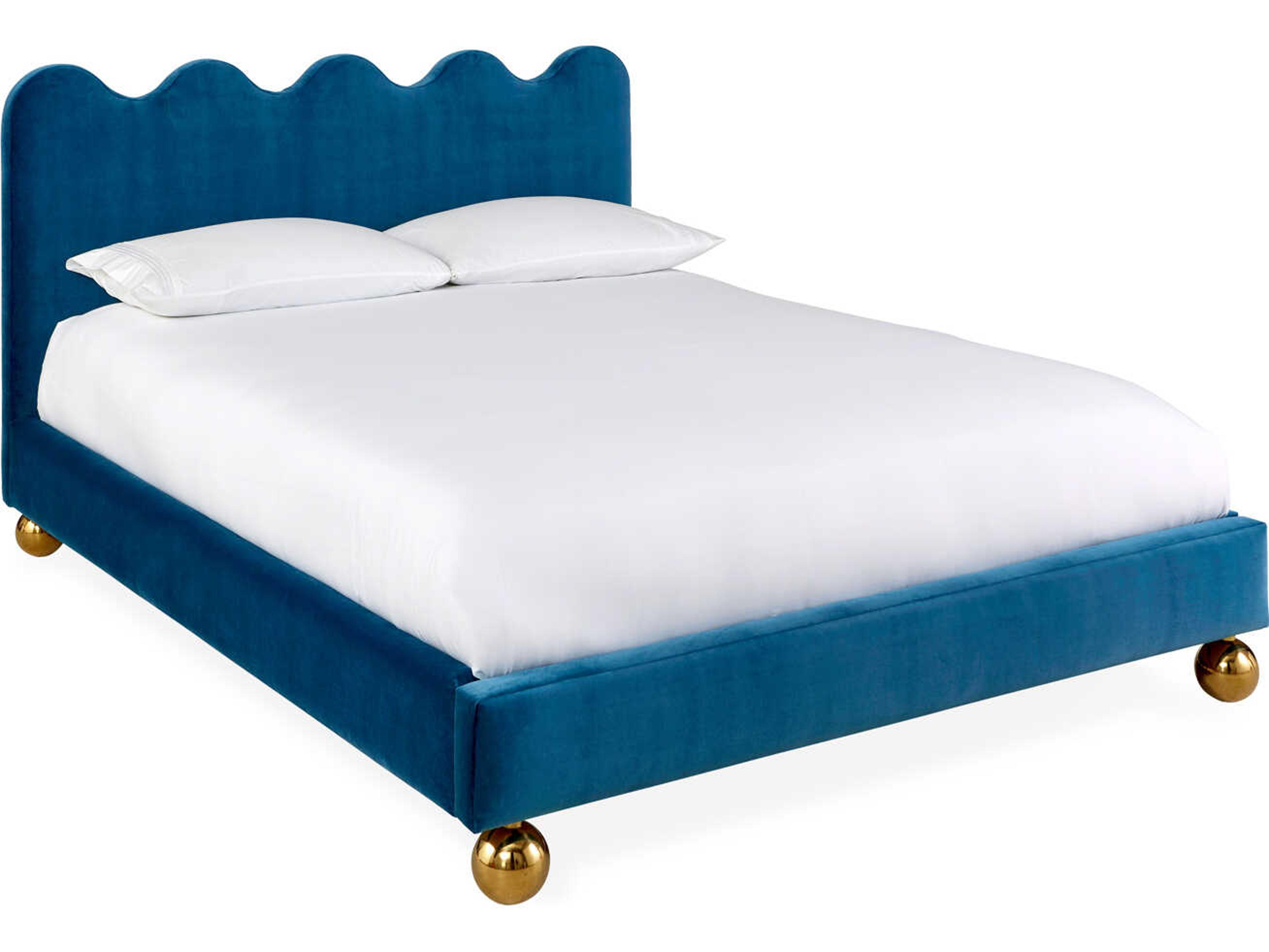 Jonathan Adler Ripple Venice Peacock Polished Brass Blue Upholstered Queen Platform Bed