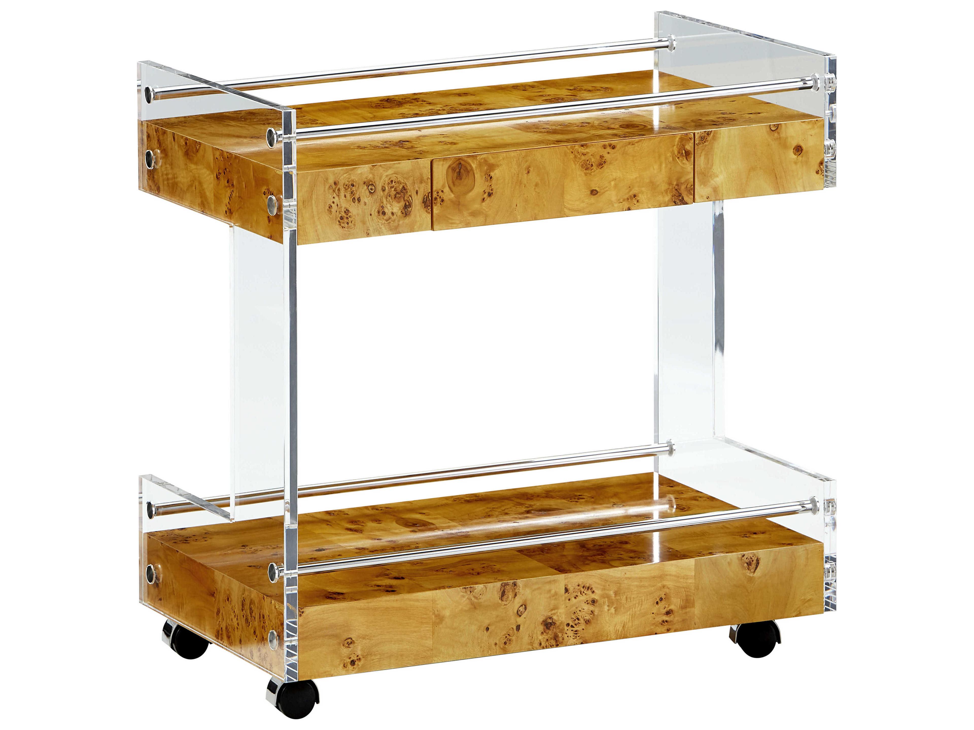 Jonathan Adler Bond Wood Brown Natural Burled Mappa Clear Acrylic Bar Cart