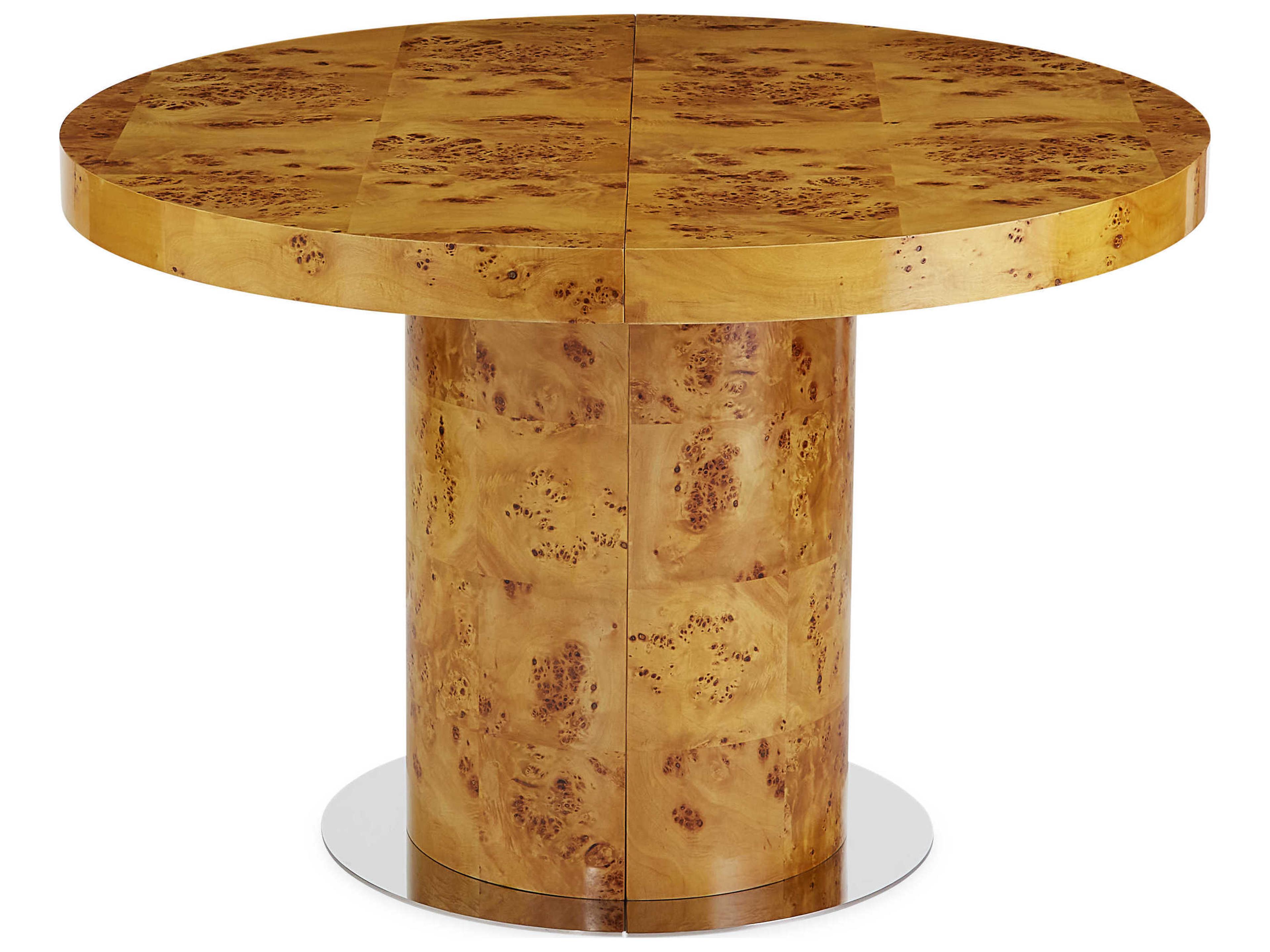 Jonathan Adler Bond Extension Extendable Round Wood Natural Burled Mappa Polished Nickel Dining Table