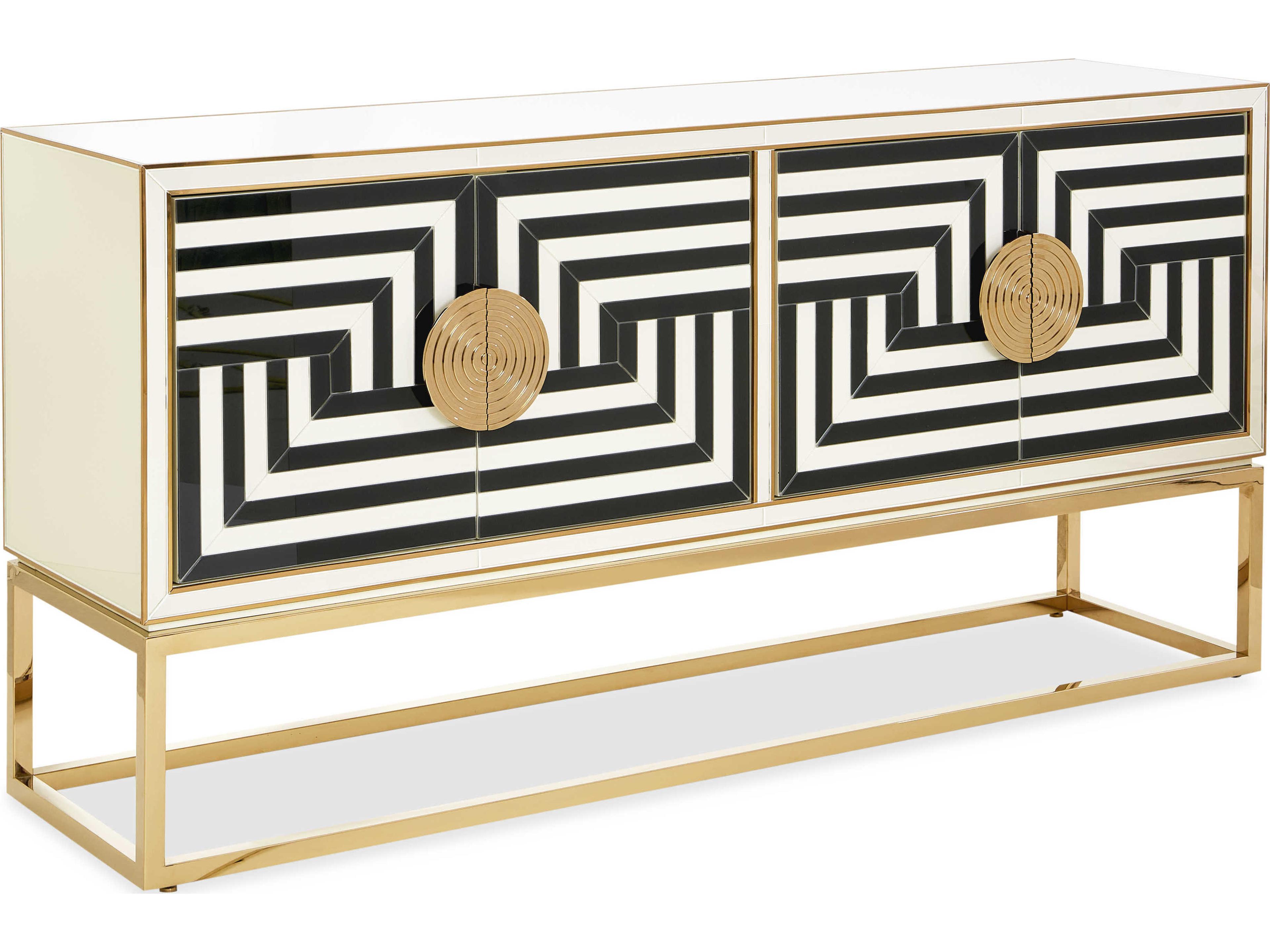 Jonathan Adler Op Art 64" Charcoal & Ivory Polished Brass Credenza Sideboard