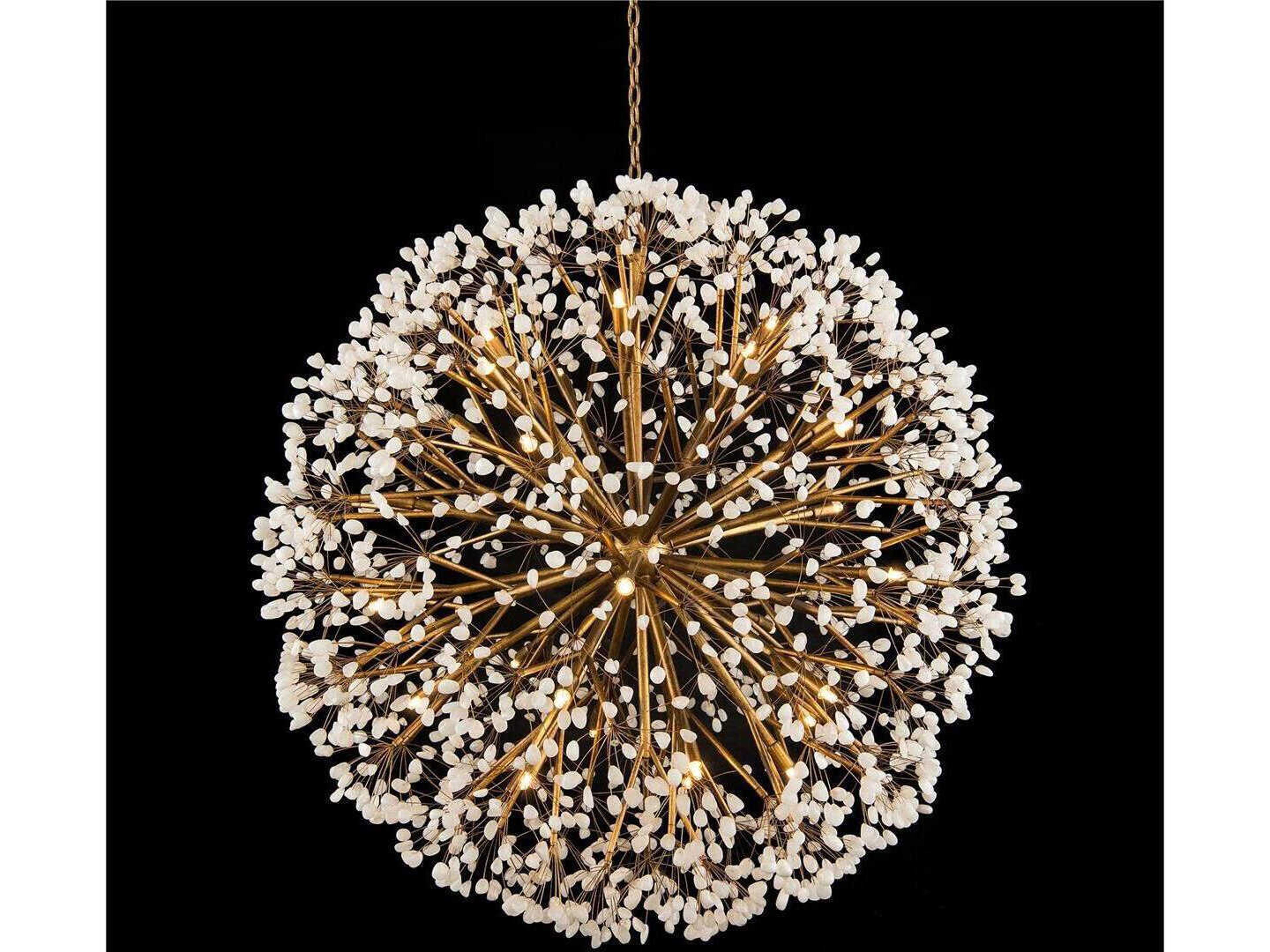 John Richard Spherical 30-Light Gold Leaf White Crystal Sputnik Pendant