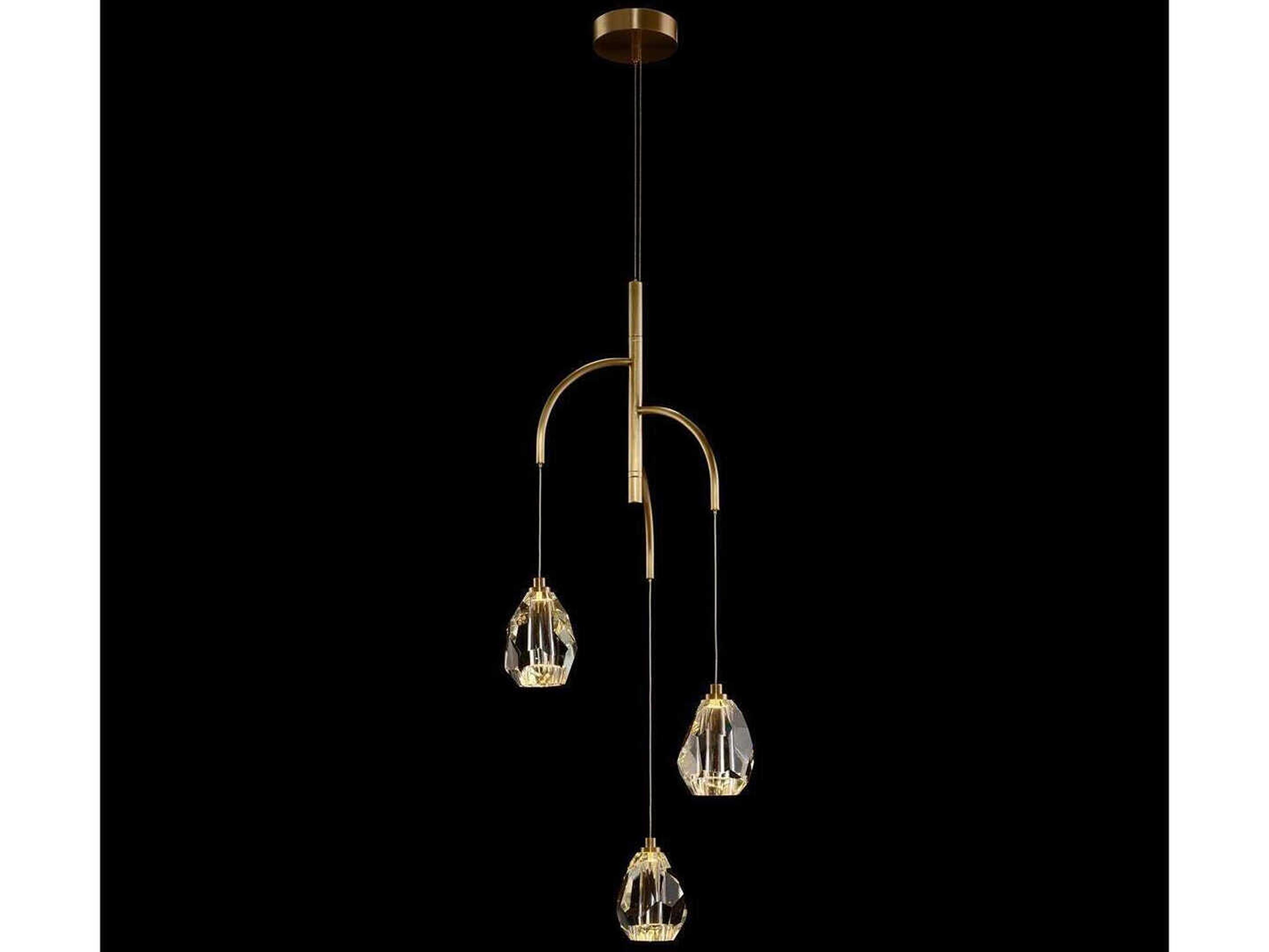 John Richard Mark McDowell Faceted 3-Light Brass Gold Crystal LED Chandelier
