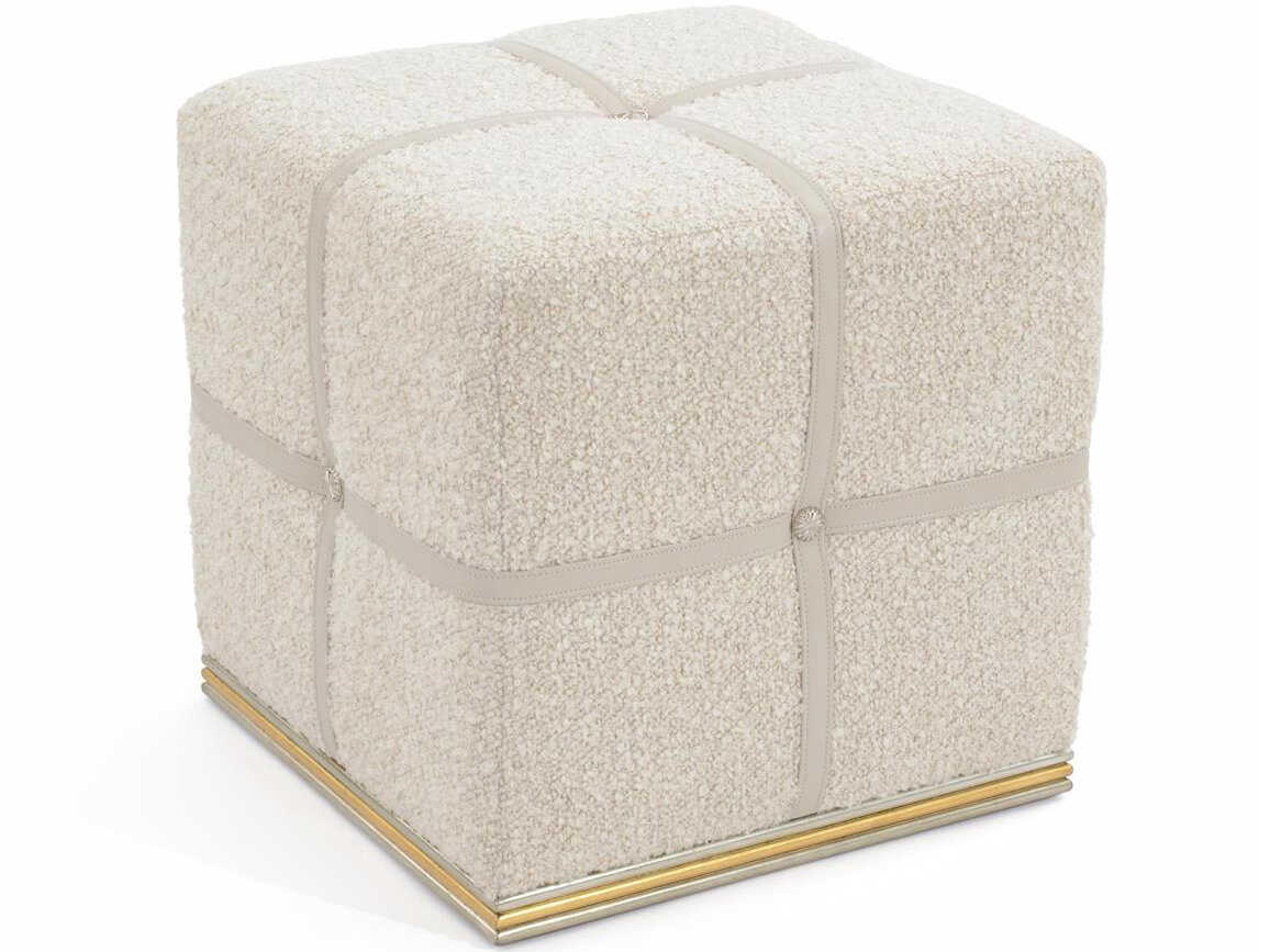 John Richard Christine Rendino Steamer Pale Taupe Antique Brass Bronze Upholstered Ottoman