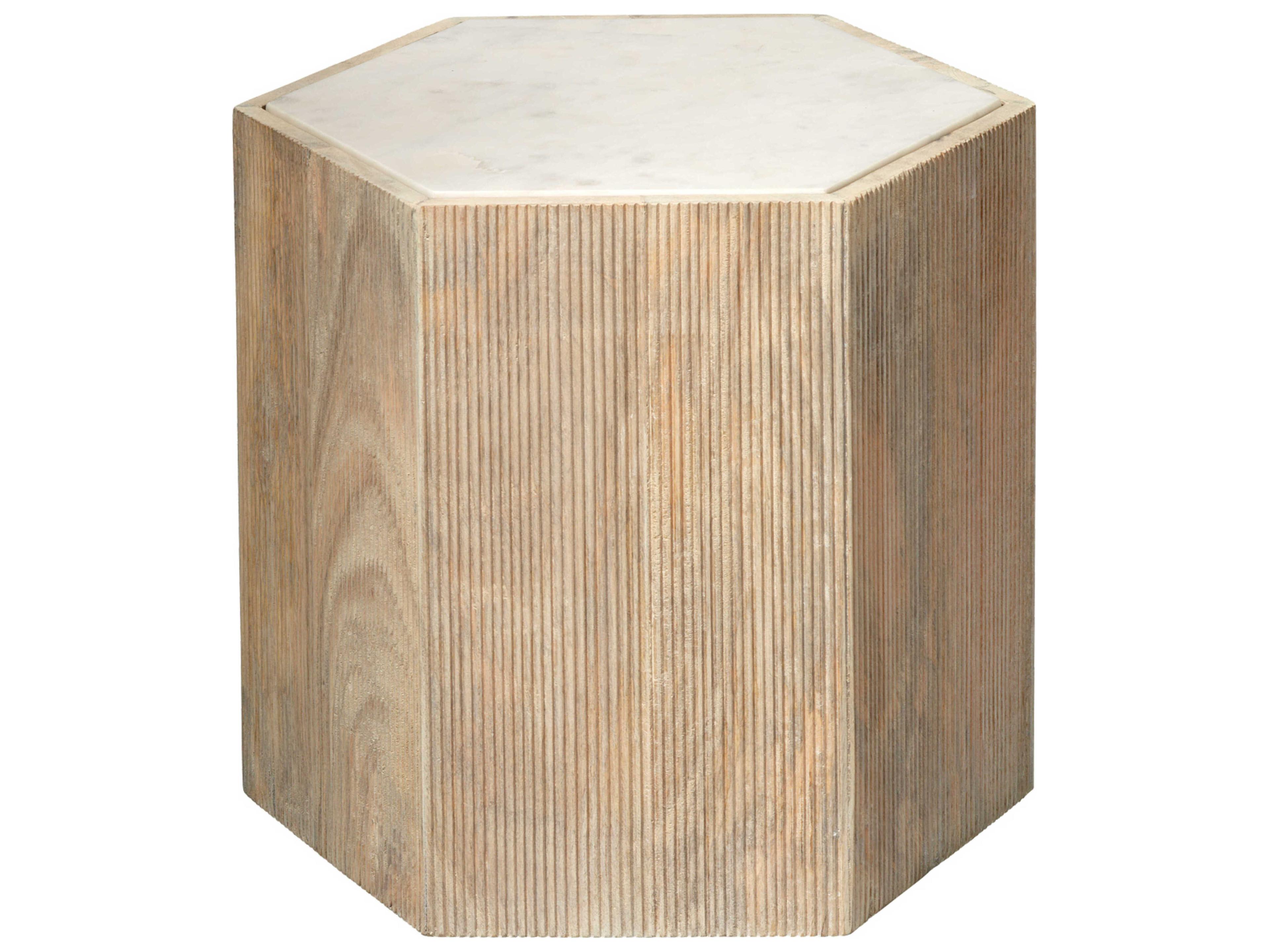 Jamie Young Argan Hexagon Natural Wood White Marble End Table
