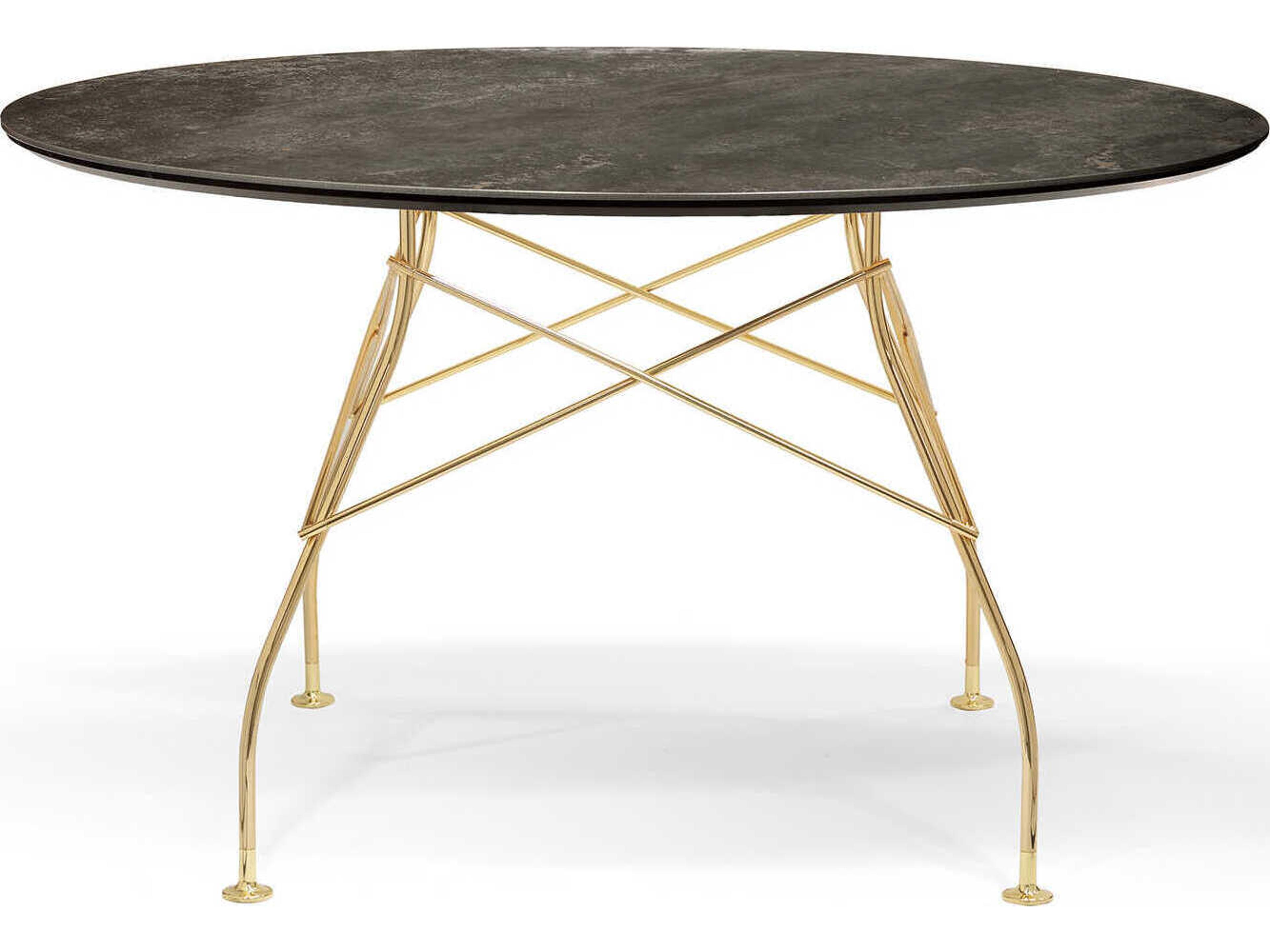 Kartell Glossy Round Stone Marble Aged Bronze Gold Dining Table
