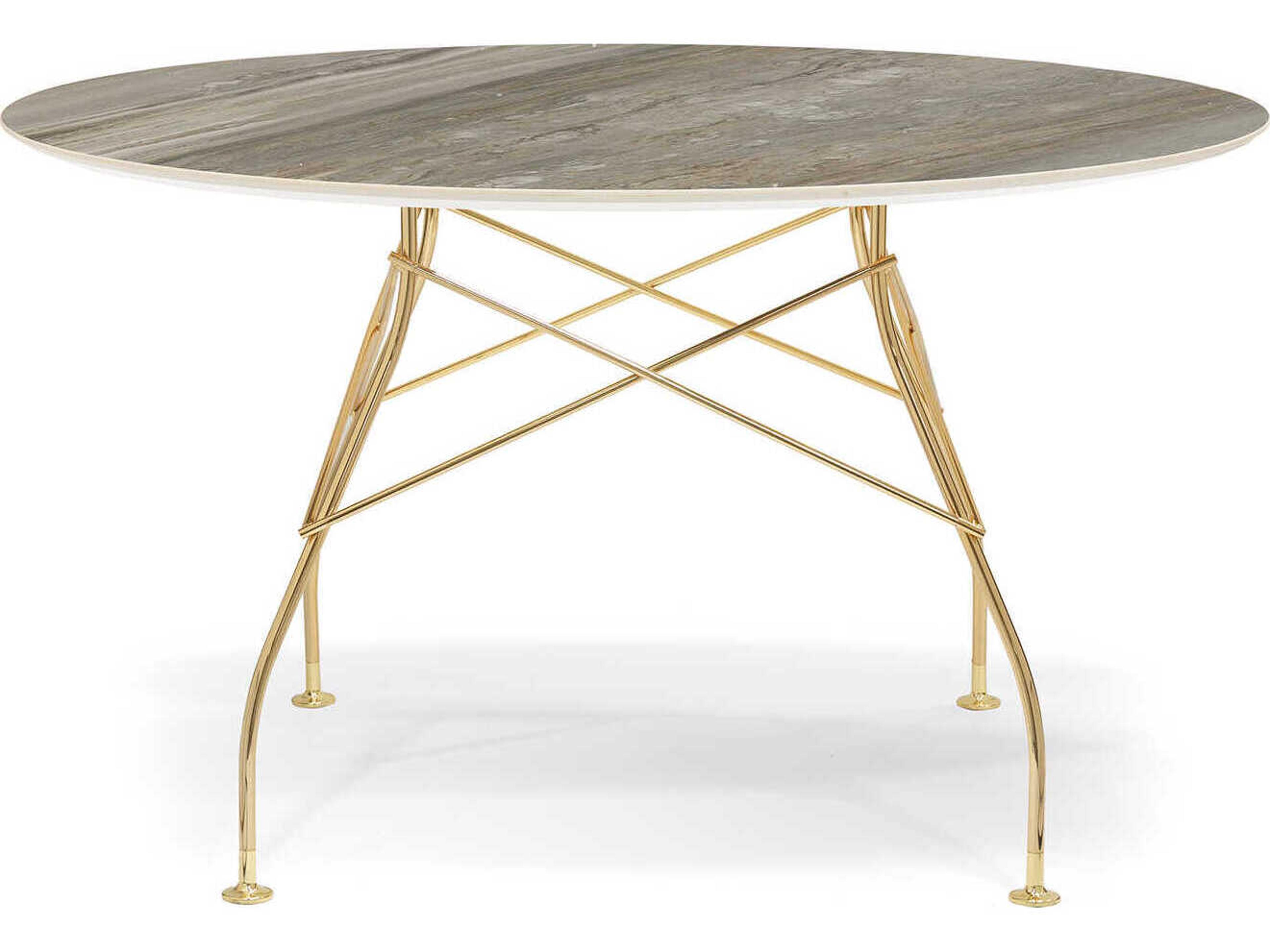 Kartell Glossy Round Stone Marble Gray Gold Dining Table