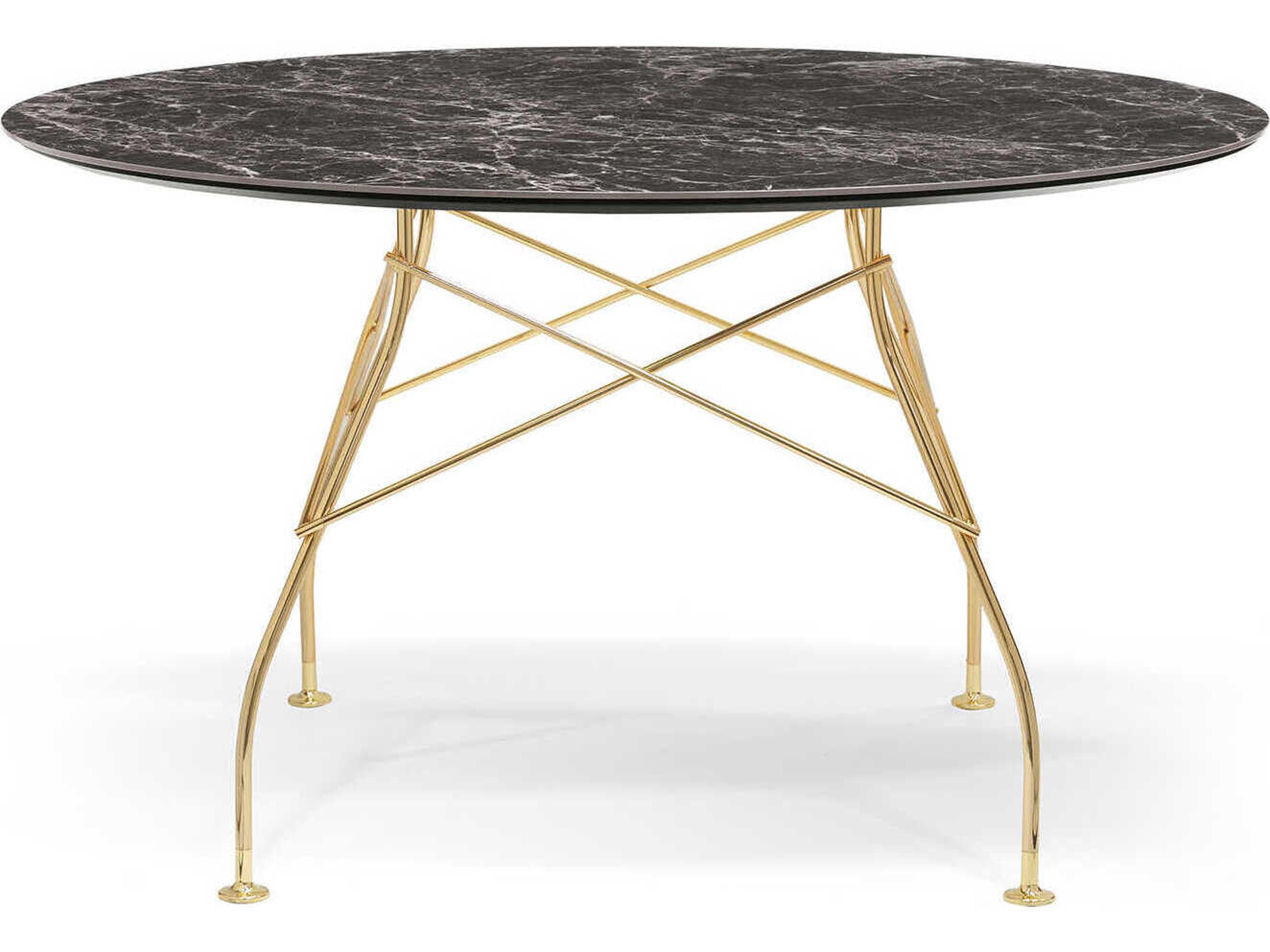 Kartell Glossy Round Stone Marble Brown Emperador Gold Dining Table