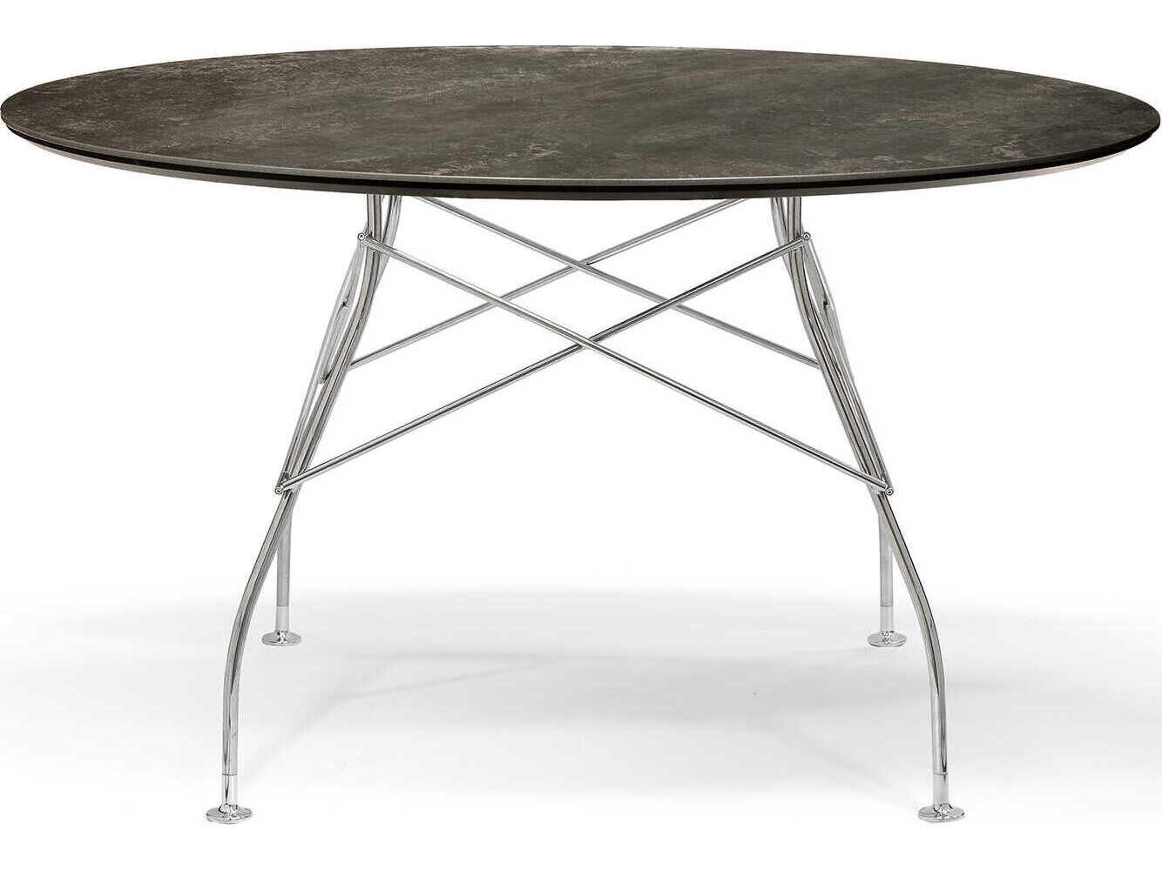 Kartell Glossy Round Stone Marble Aged Bronze Chrome Dining Table