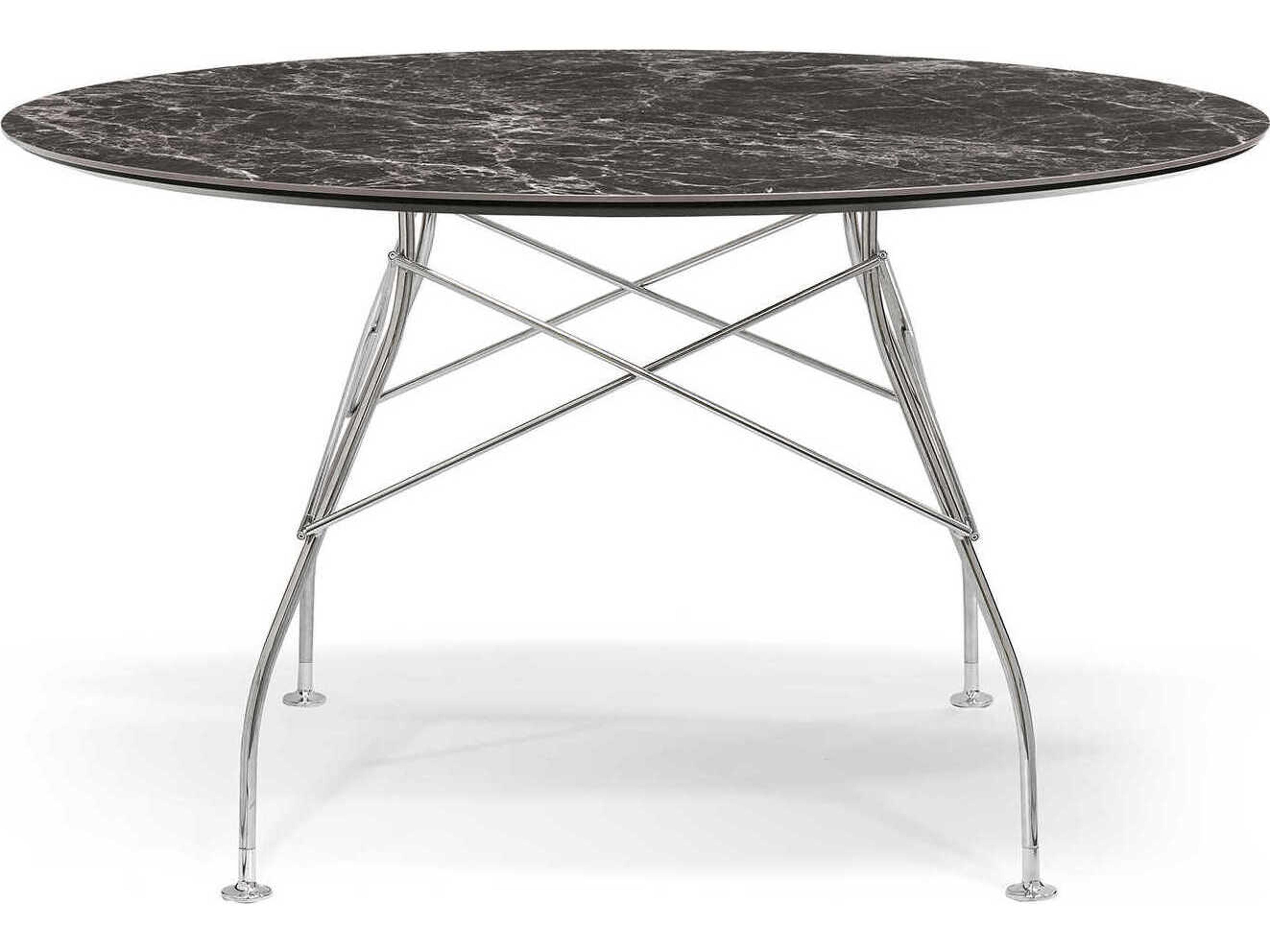 Kartell Glossy Round Stone Marble Brown Emperador Chrome Dining Table