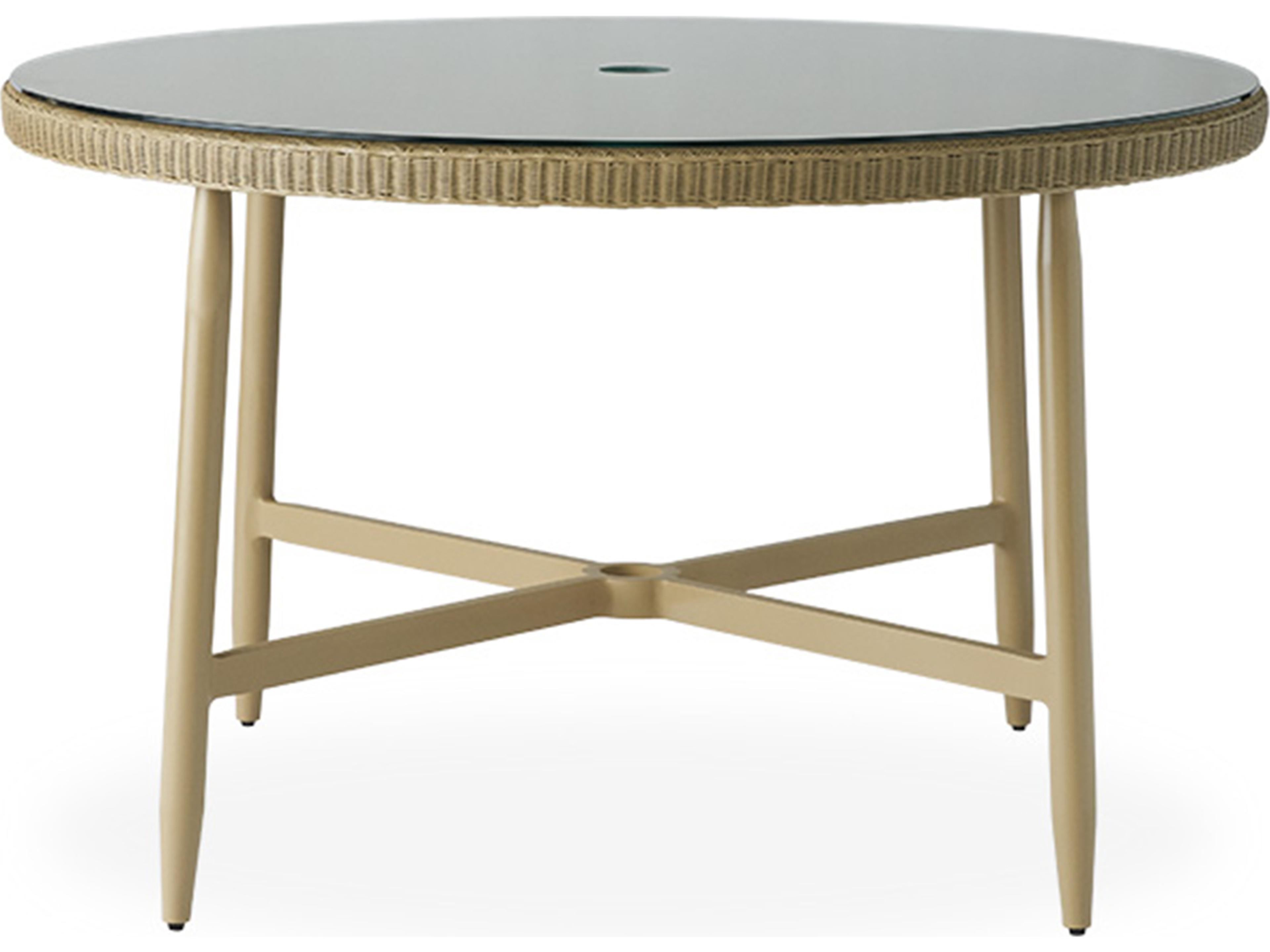 Lloyd Flanders Fairview Wicker Round Glass Top Patio Dining Table with Umbrella Hole