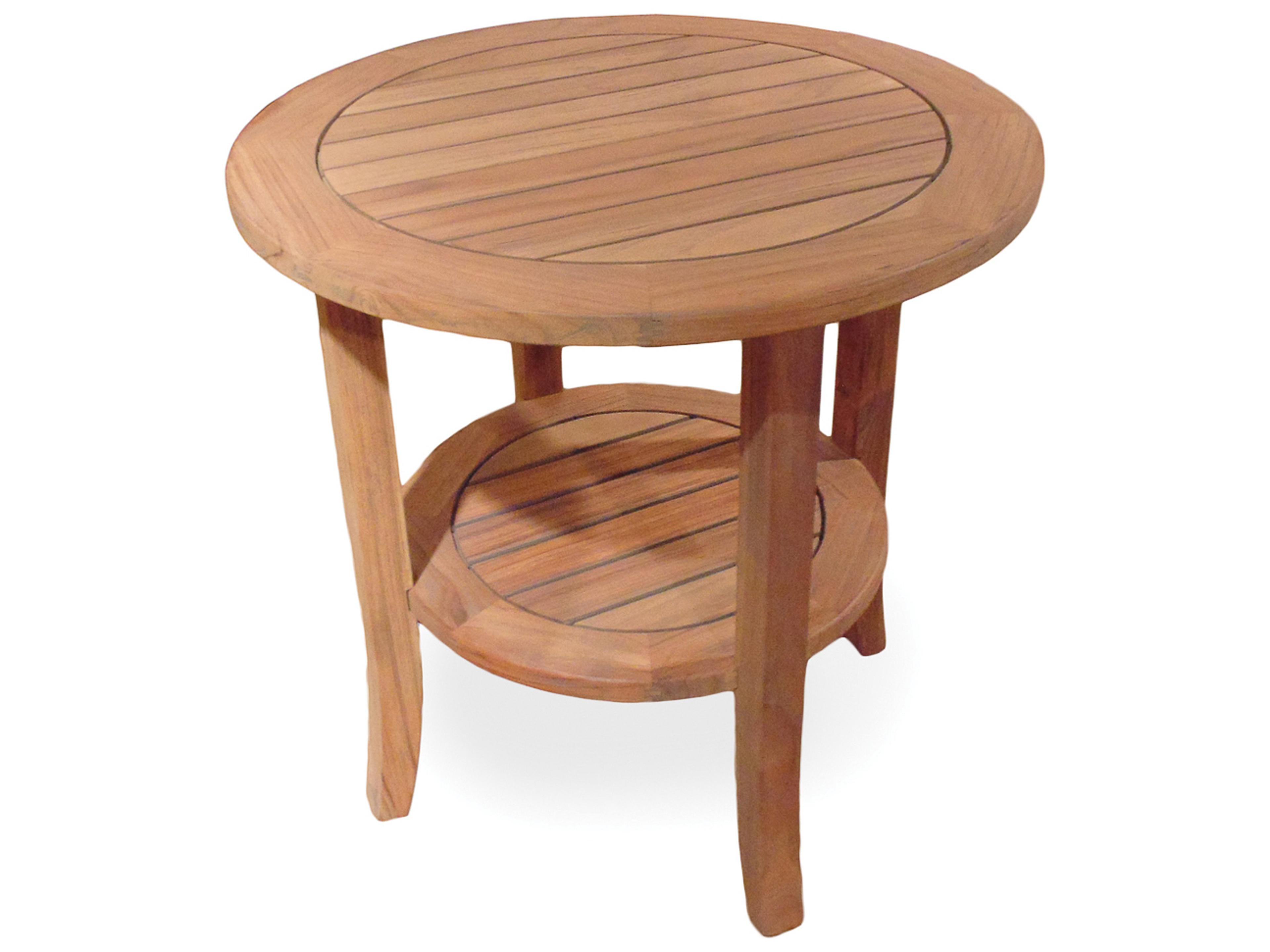 Lloyd Flanders Teak Round Tapered Leg Outdoor Patio End Table with Shelf