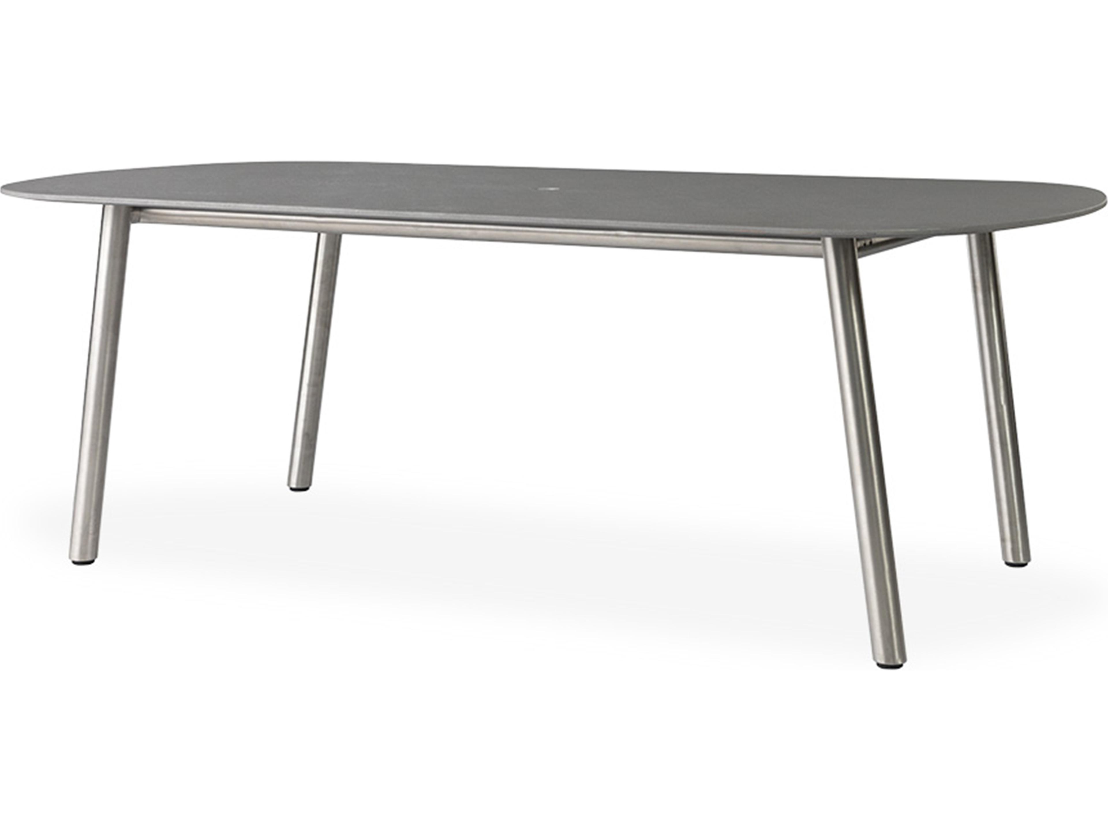 Lloyd Flanders Elevation Stainless Steel Oval Light Gray Corian Top Outdoor Patio Dining Table with Umbrella Hole
