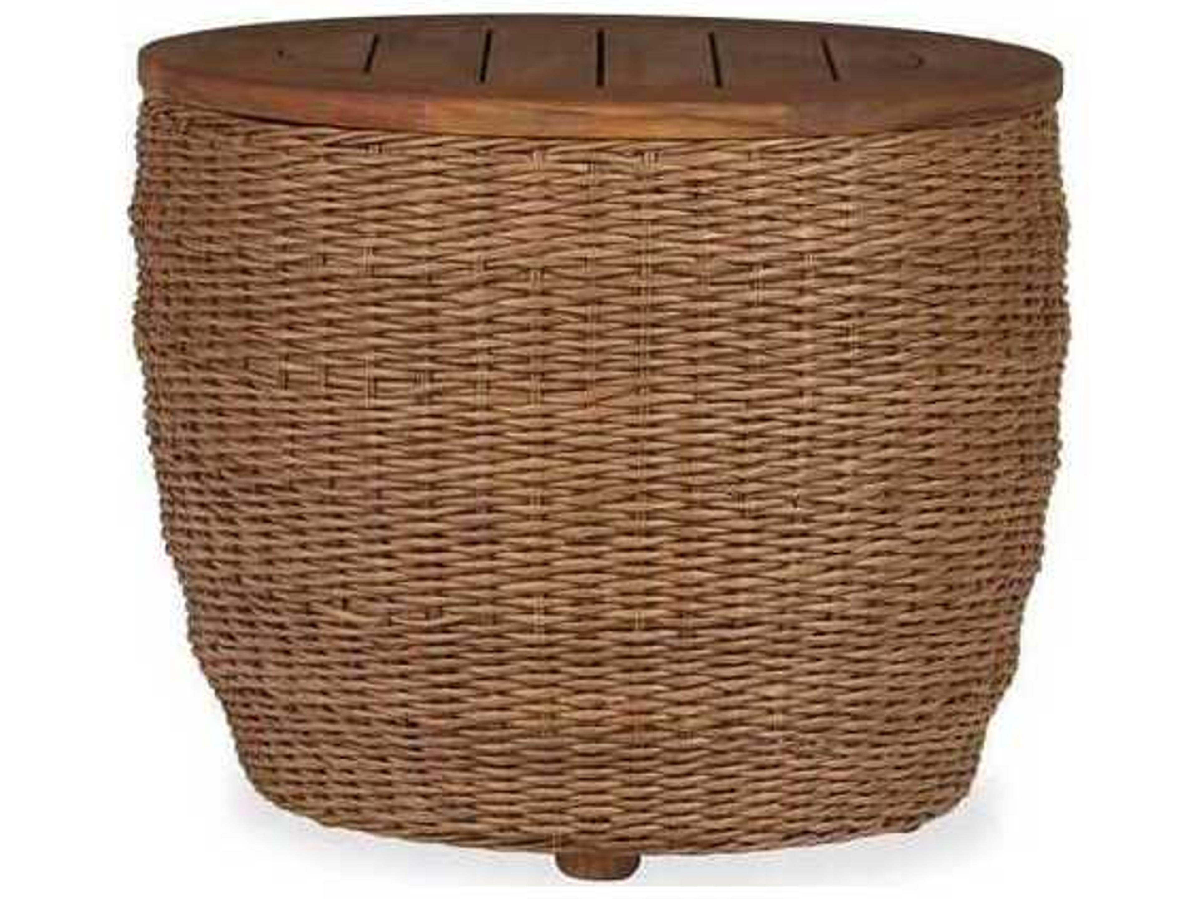 Lloyd Flanders Tobago Wicker Round Antiqued Teak Top Barrel Patio End Table