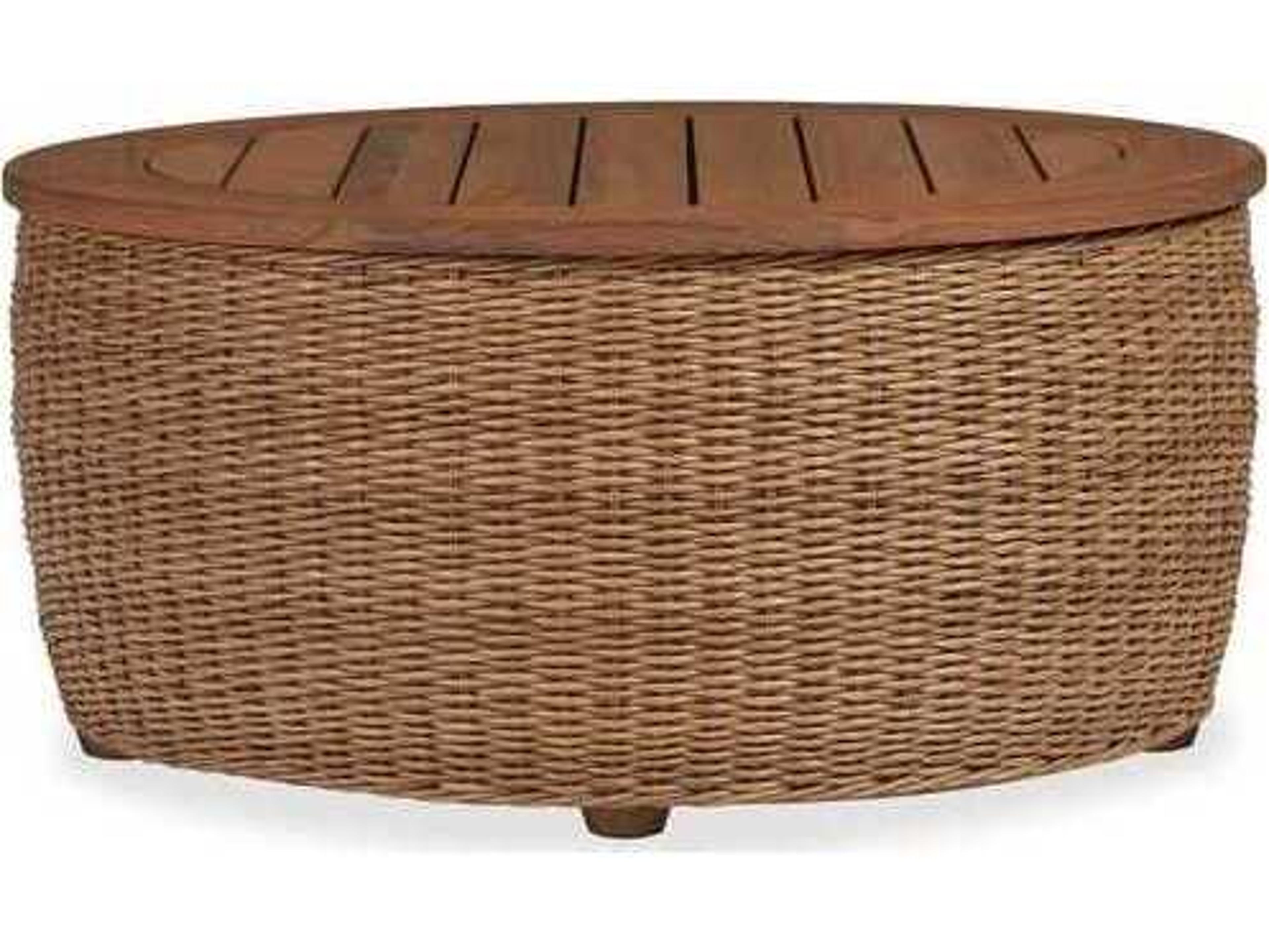 Lloyd Flanders Tobago Wicker Round Antiqued Teak Top Patio Coffee Table