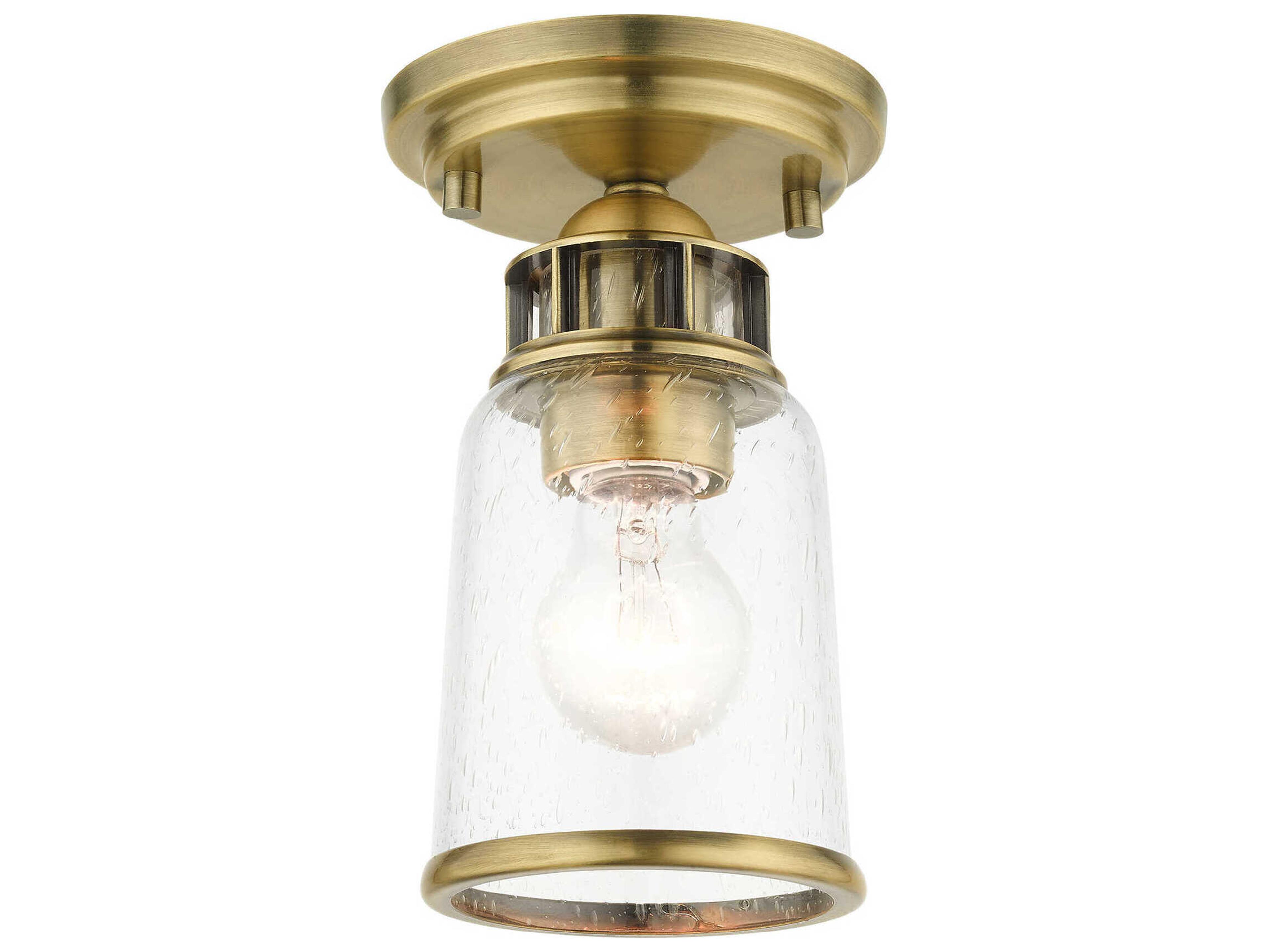 Livex Lighting Lawrenceville 1-Light Antique Brass Clear Glass Bell Semi Flush Mount