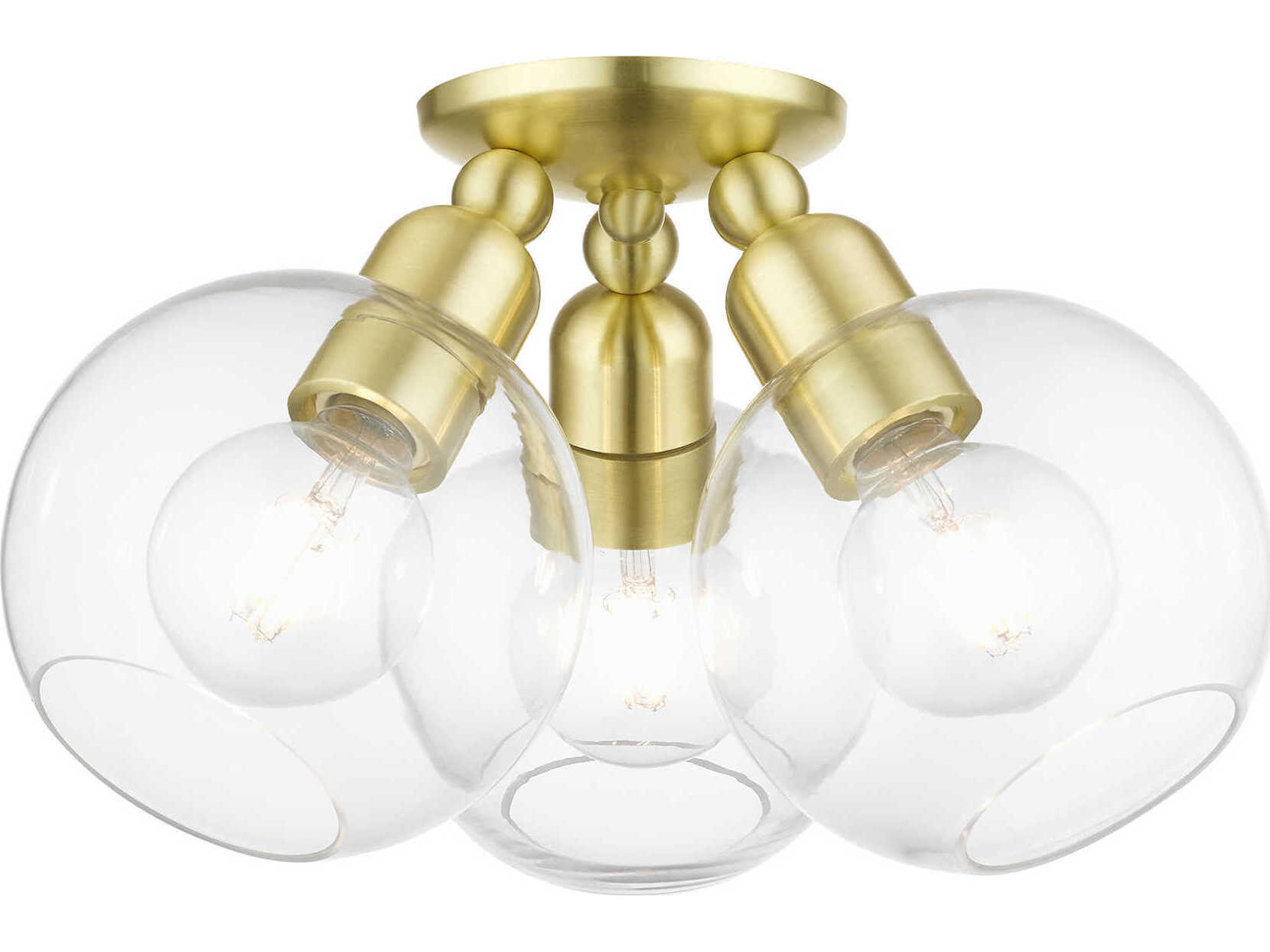 Livex Lighting Downtown 3-Light Satin Brass Glass Globe Semi Flush Mount