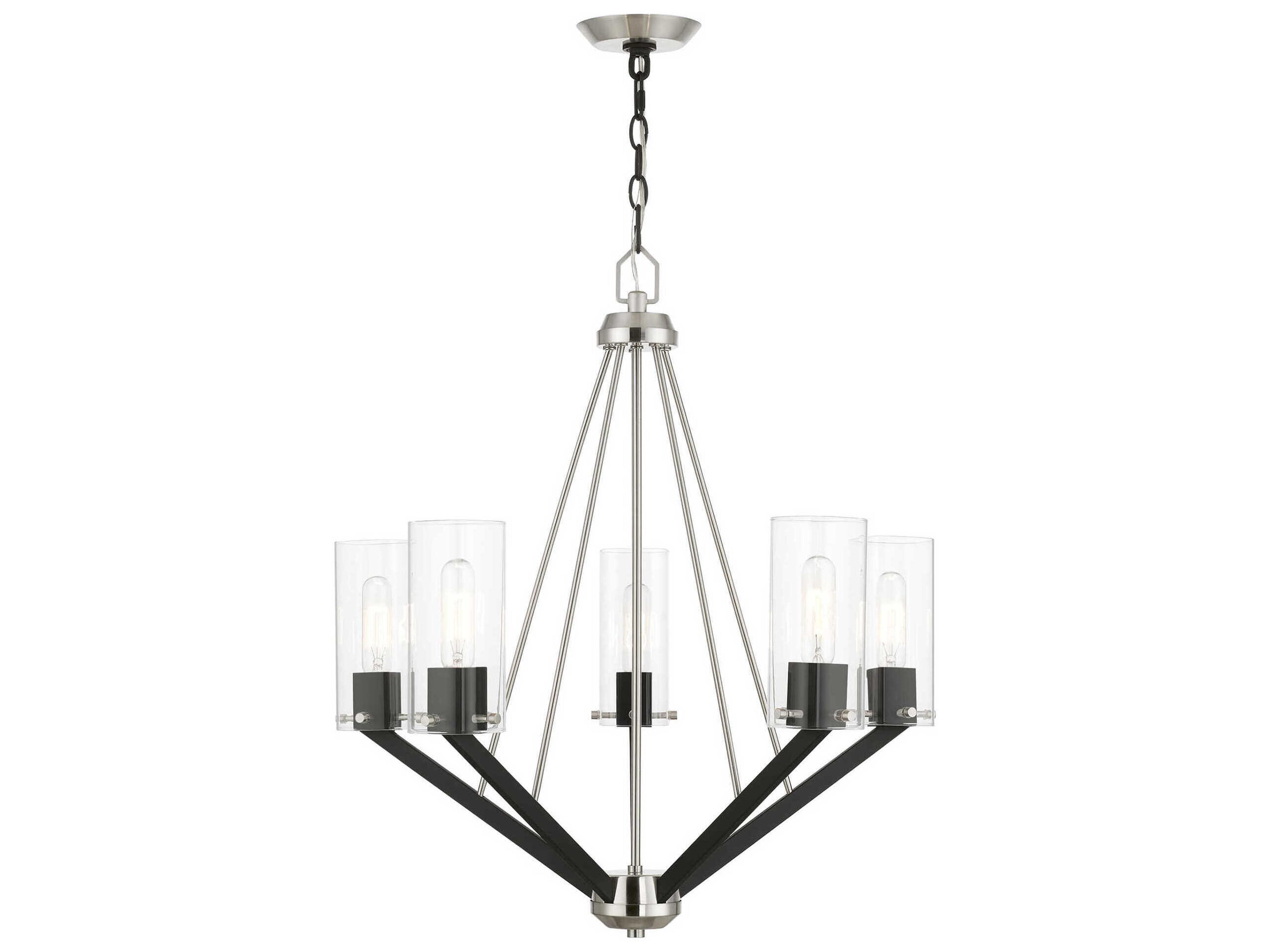 Livex Lighting Beckett 5-Light Brushed Nickel Black Glass Cylinder Chandelier