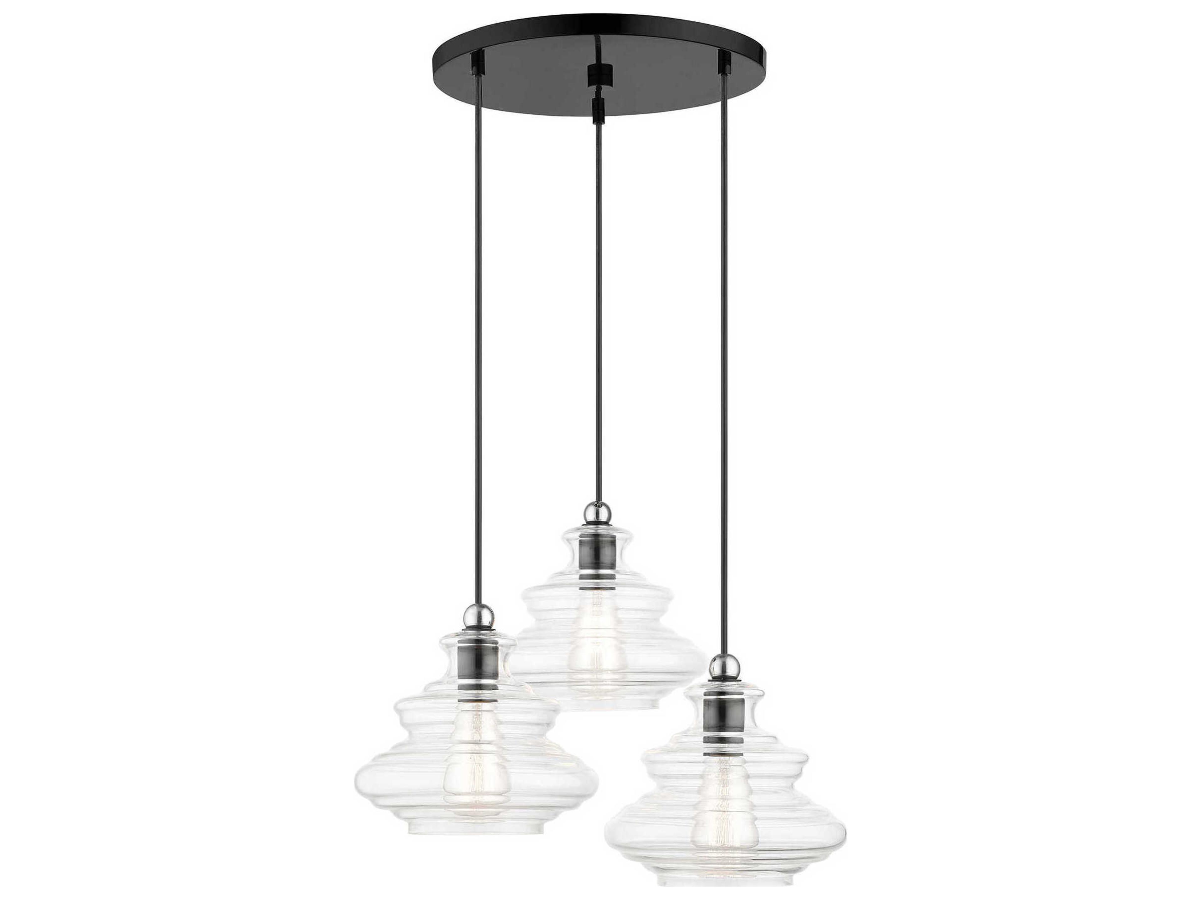 Livex Lighting Everett 3-Light Shiny Black Chrome Glass Pendant