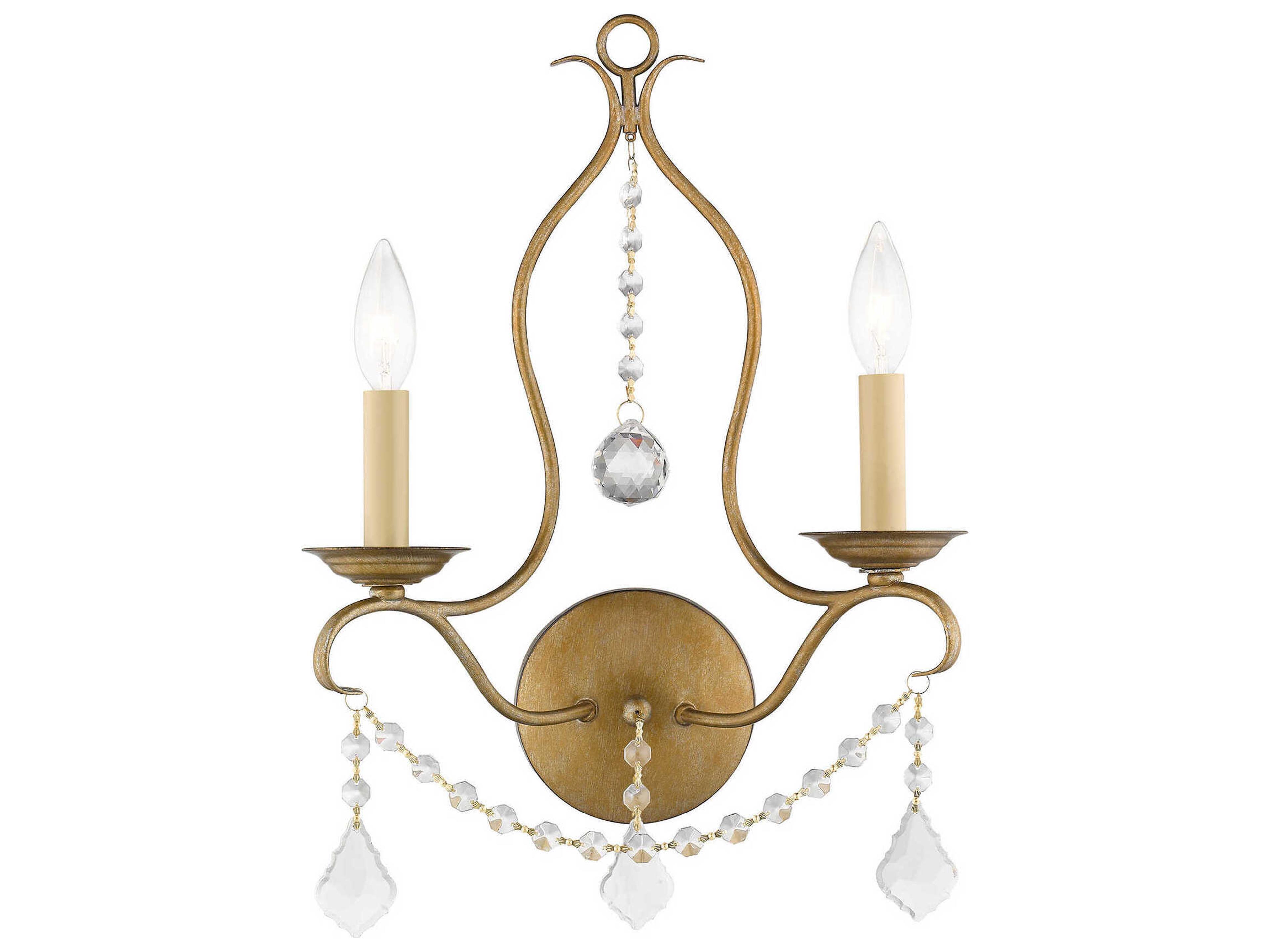 Livex Lighting Chesterfield 2-Light Antique Gold Leaf Crystal Wall Sconce