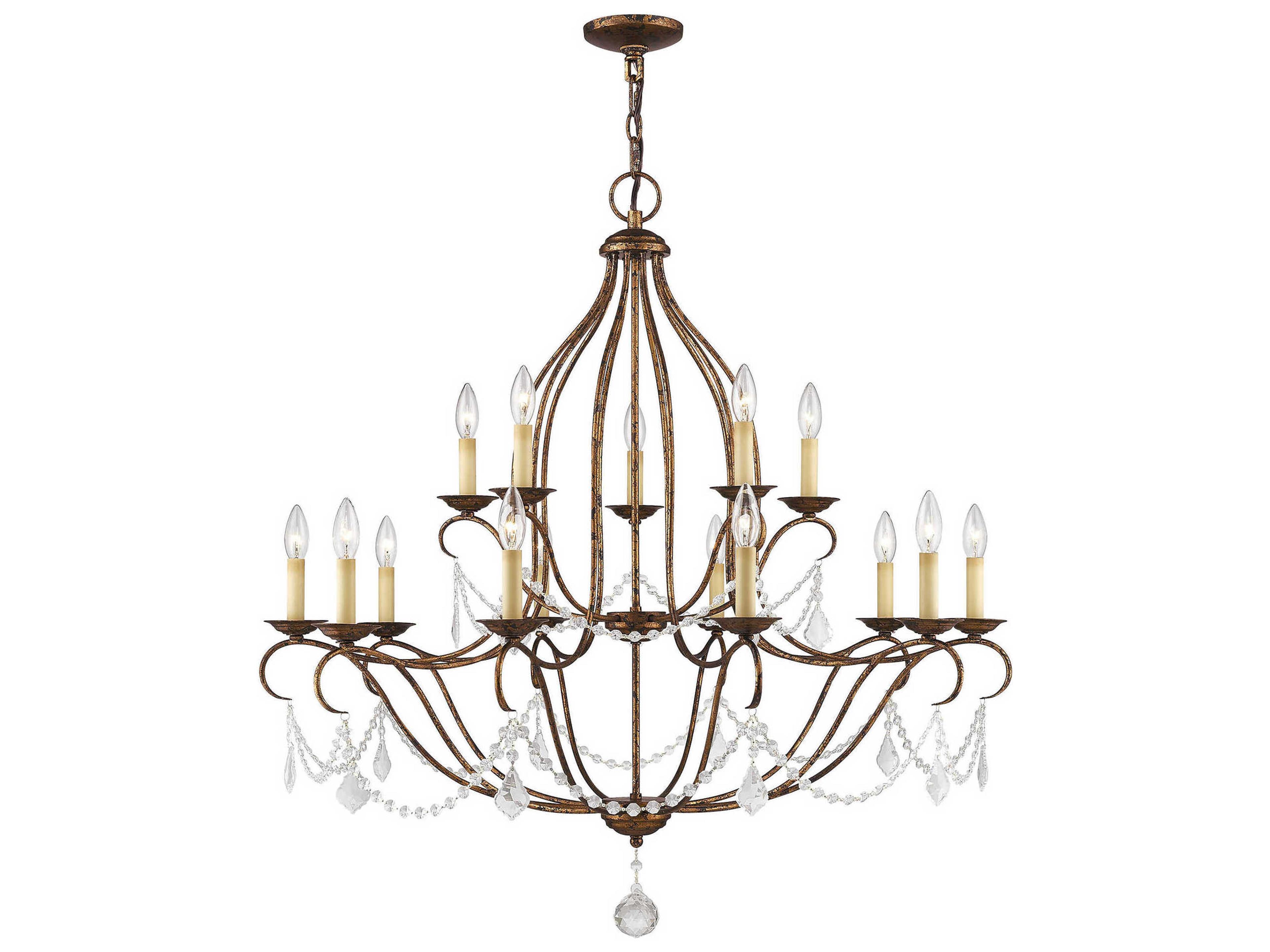 Livex Lighting Chesterfield 15-Light Hand Applied Venetian Golden Bronze Crystal Candelabra Tiered Chandelier