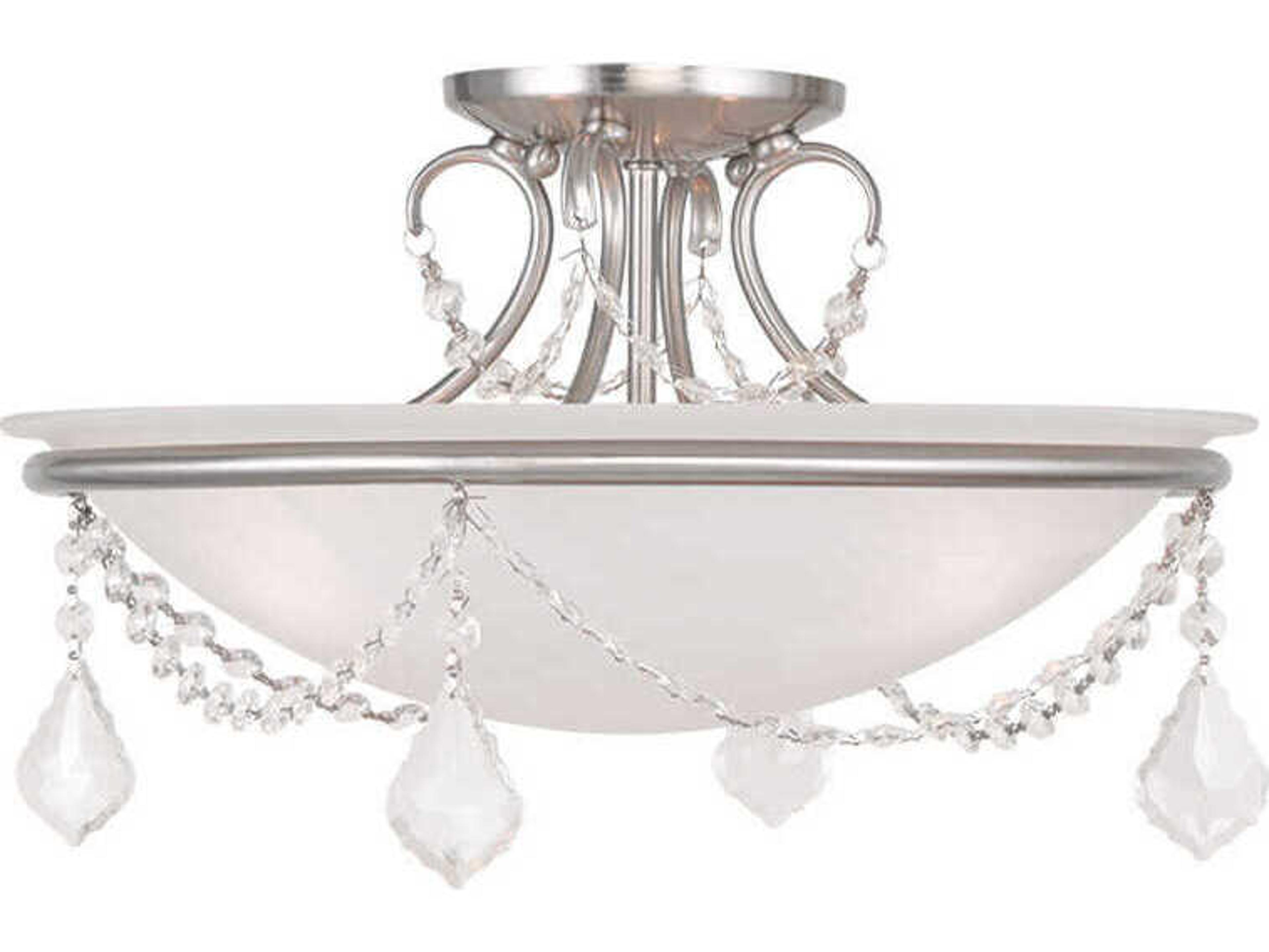 Livex Lighting Chesterfield Pennington 3-Light Brushed Nickel White Crystal Glass Bowl Semi Flush Mount
