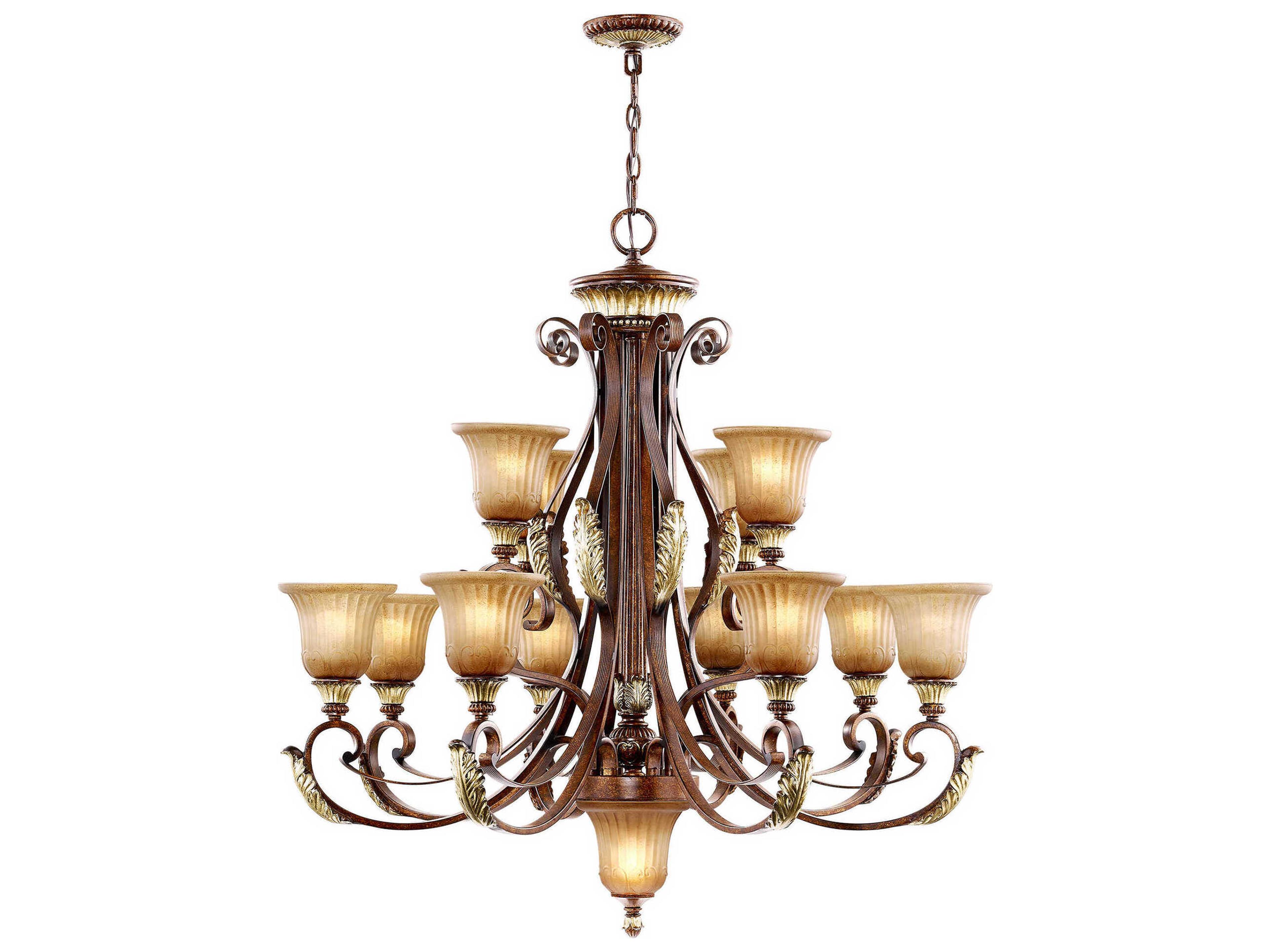 Livex Lighting Villa Verona 13-Light Bronze Aged Gold Leaf Glass Bell Candelabra Tiered Chandelier